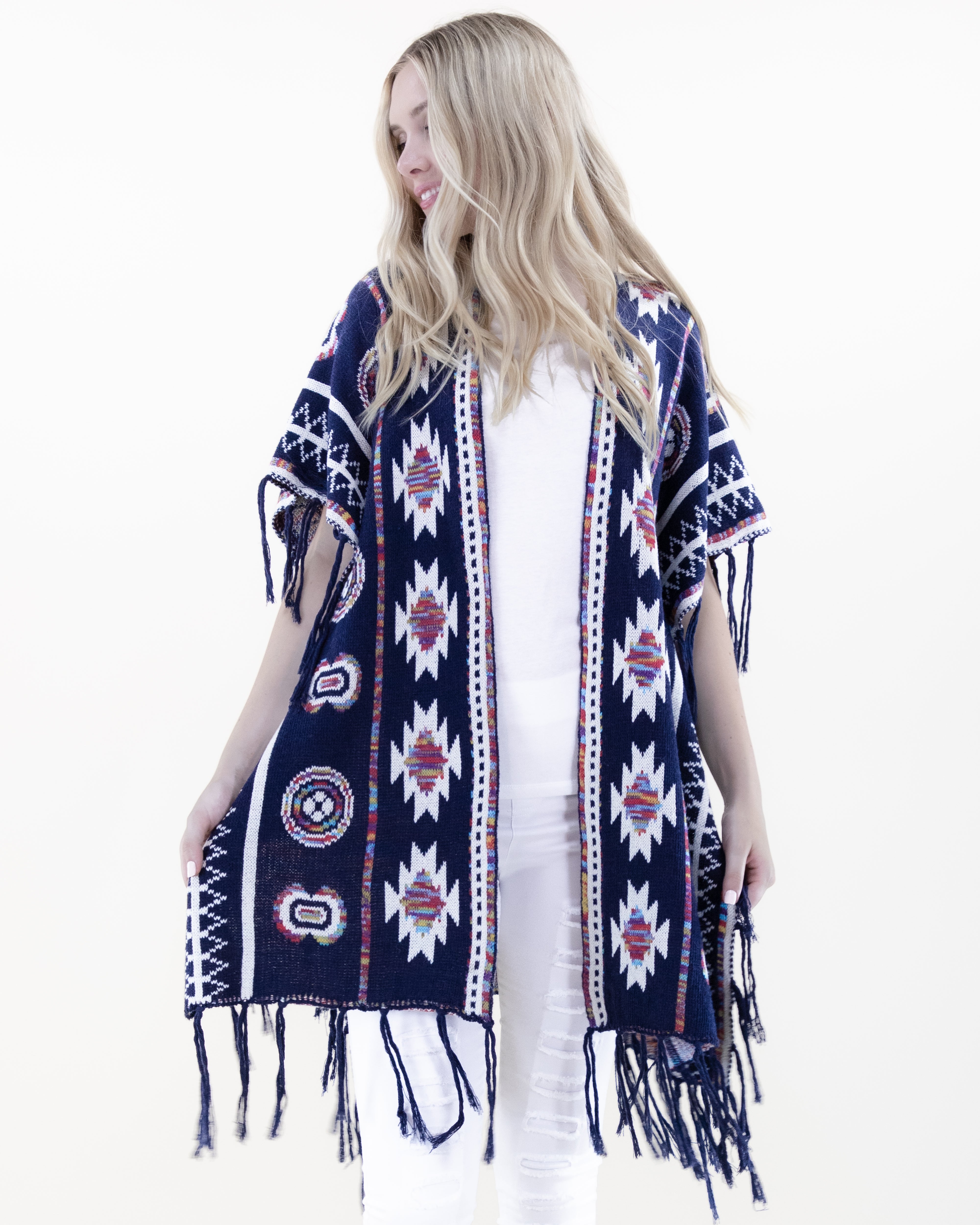 Half Sleeve Aztec Pattern Wrap w/ Fringe - NAVY (OS) (Pack of 6)