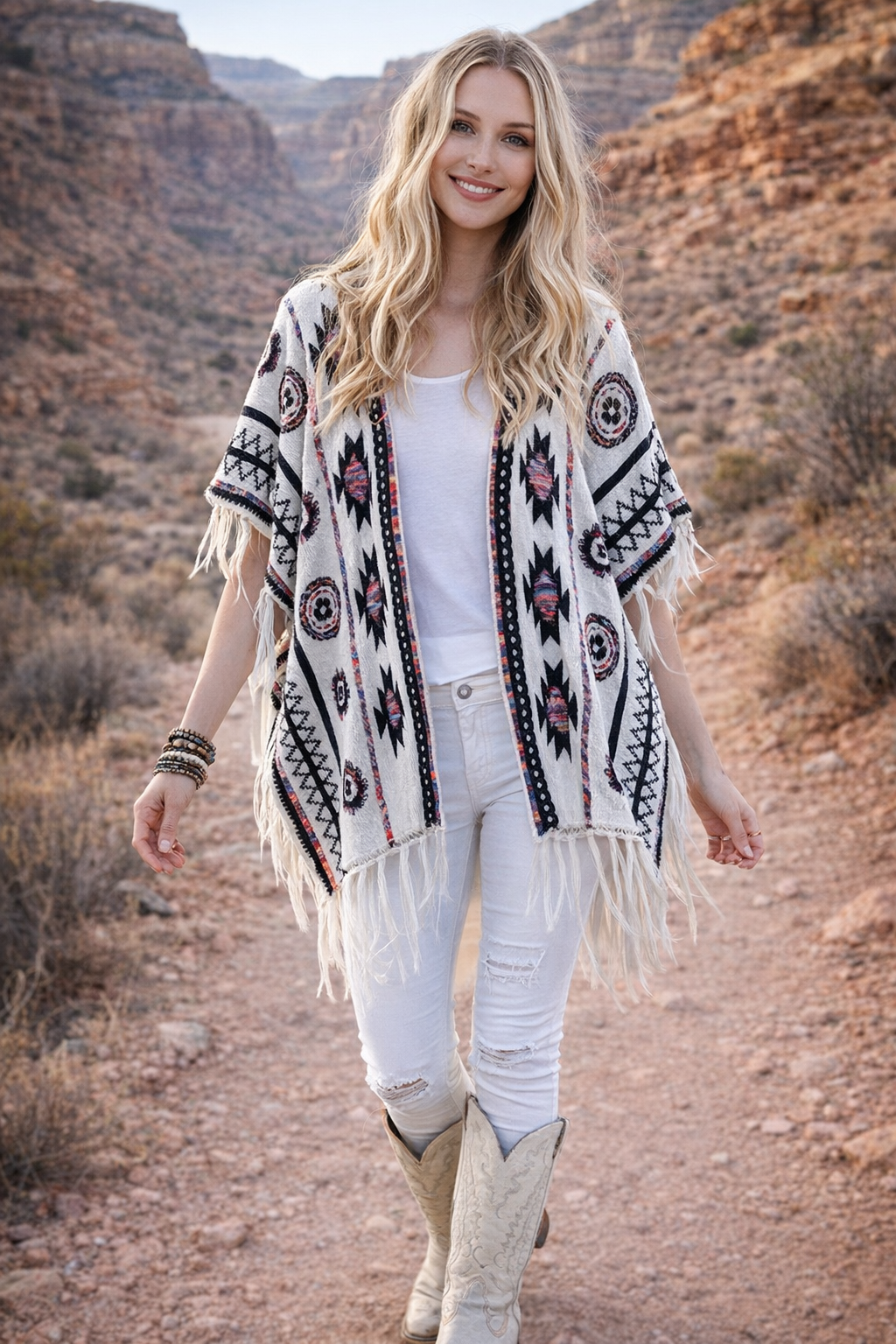 Half Sleeve Aztec Pattern Wrap w/ Fringe - BEIGE (OS) (Pack of 6)