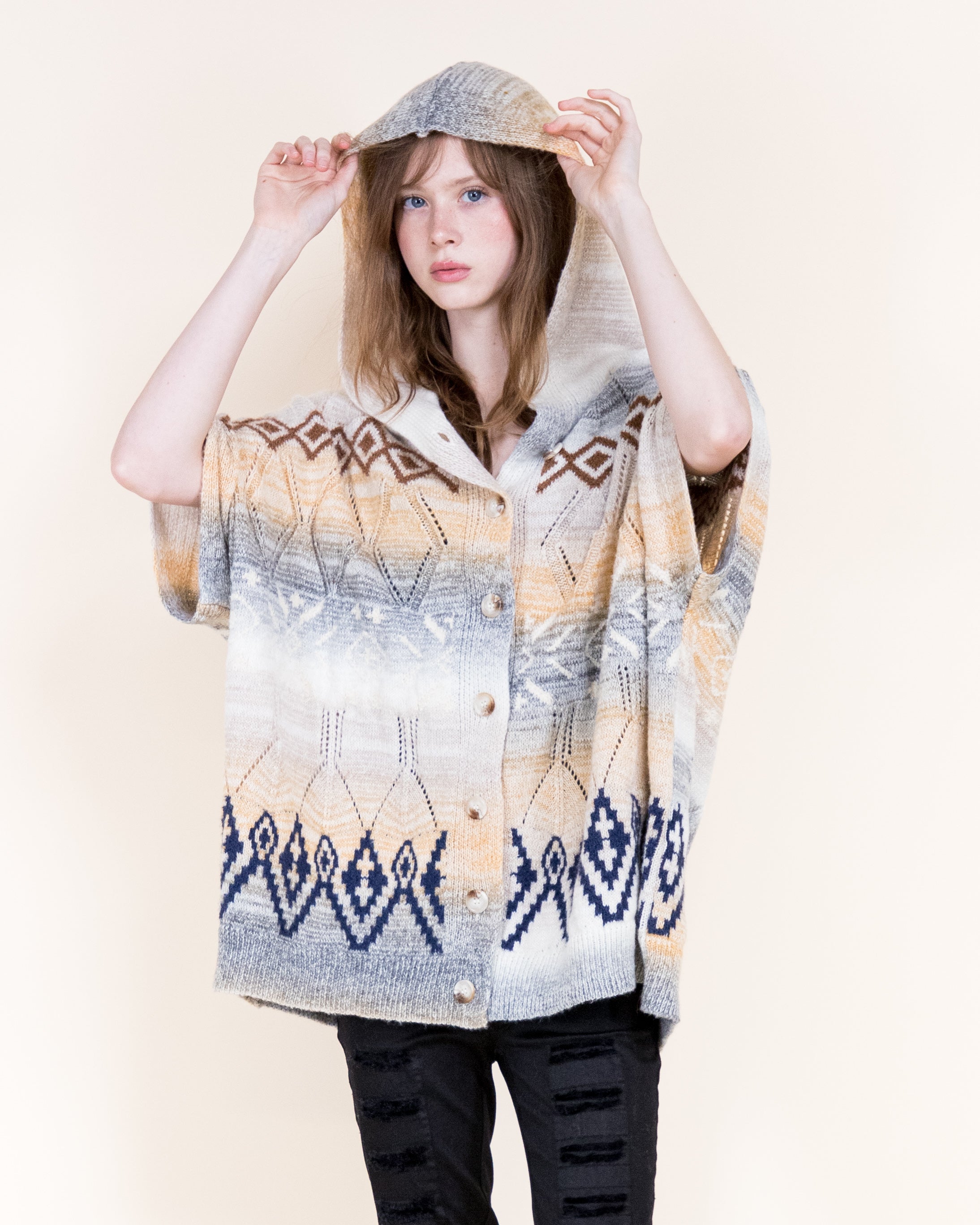 Cozy Nordic Hooded Poncho Cardigan-BEIGE (S/M, L/XL) (Pack of 6)
