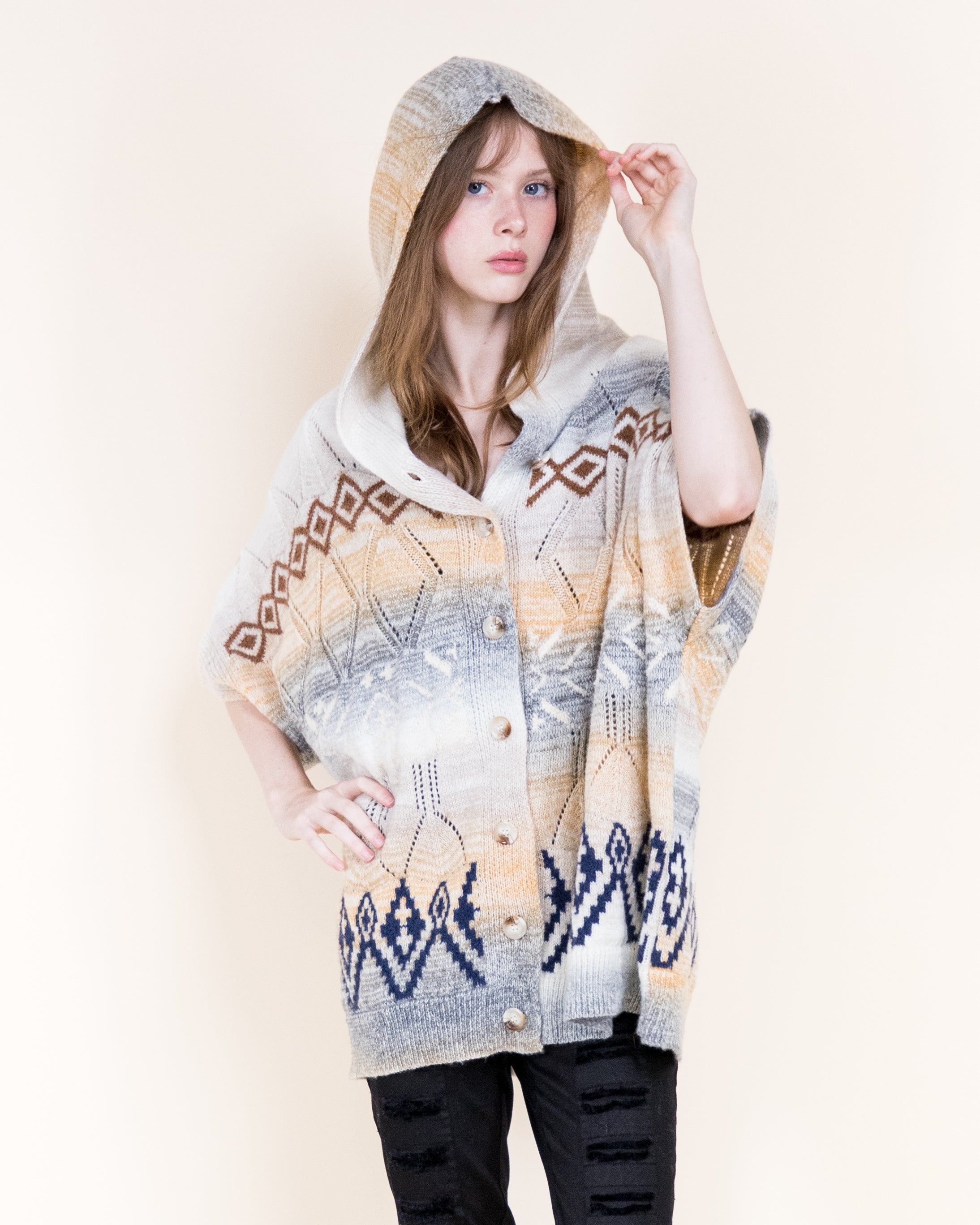 Cozy Nordic Hooded Poncho Cardigan-BEIGE (S/M, L/XL) (Pack of 6)