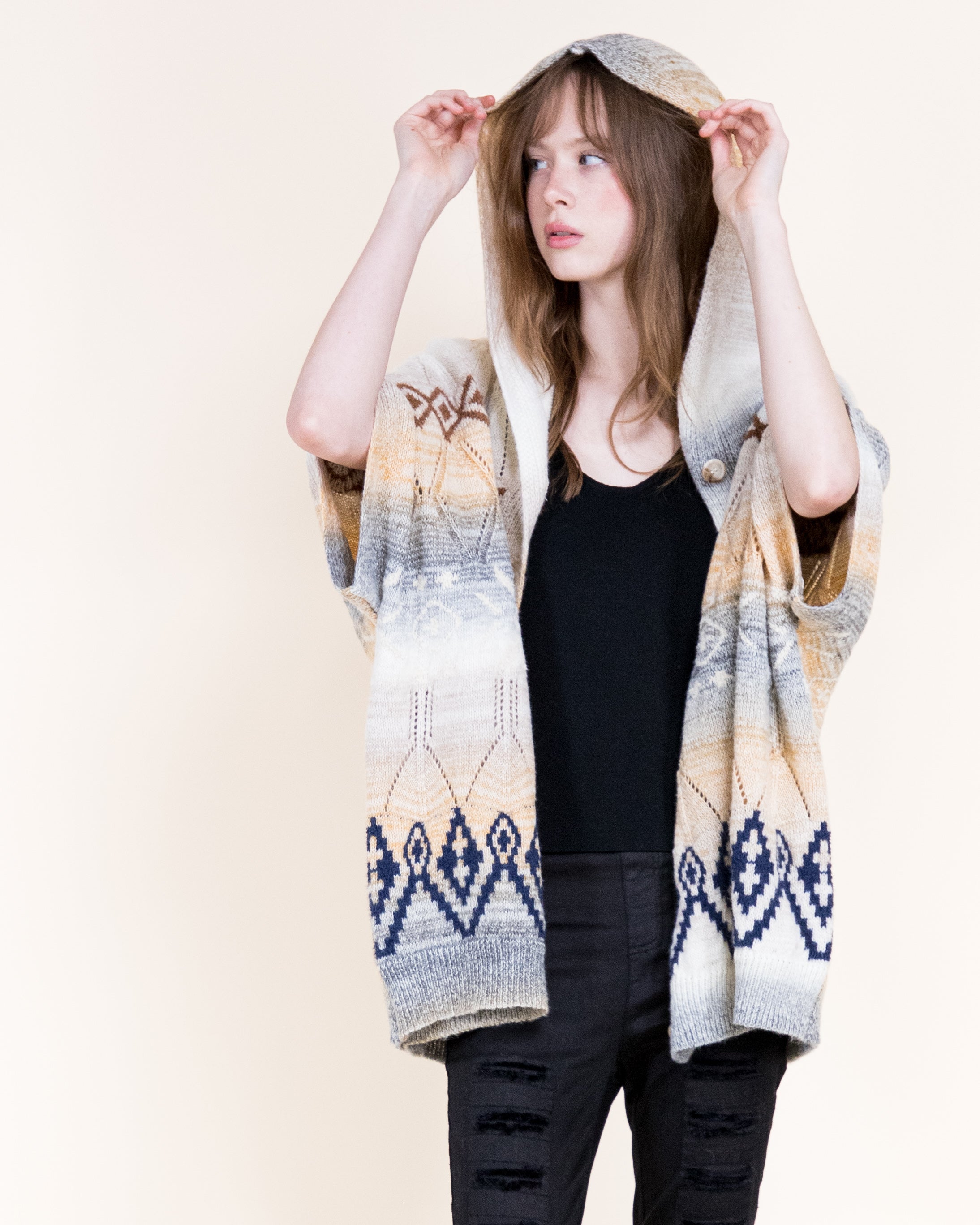 Cozy Nordic Hooded Poncho Cardigan-BEIGE (S/M, L/XL) (Pack of 6)
