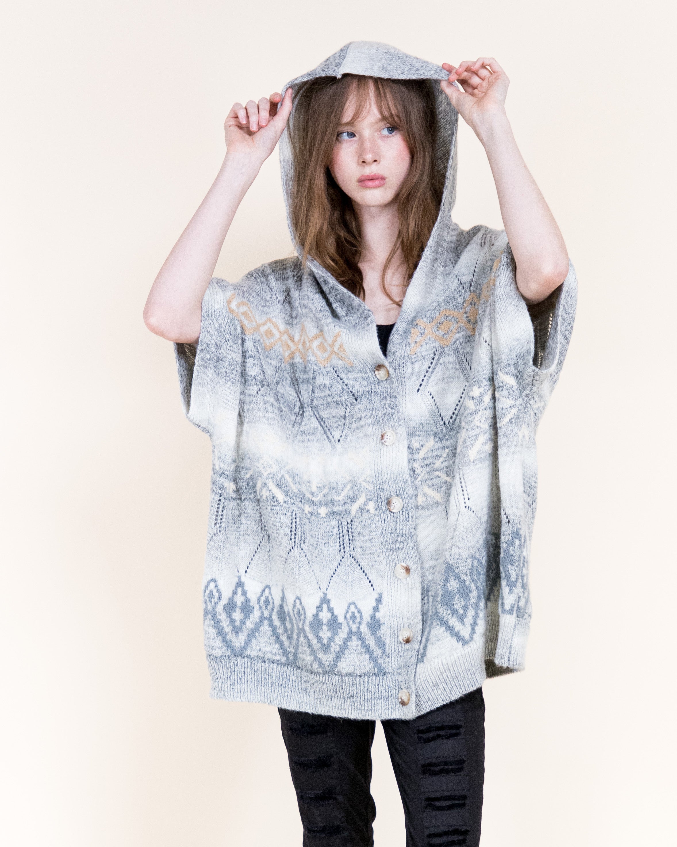 Cozy Nordic Hooded Poncho Cardigan-BEIGE (S/M, L/XL) (Pack of 6)
