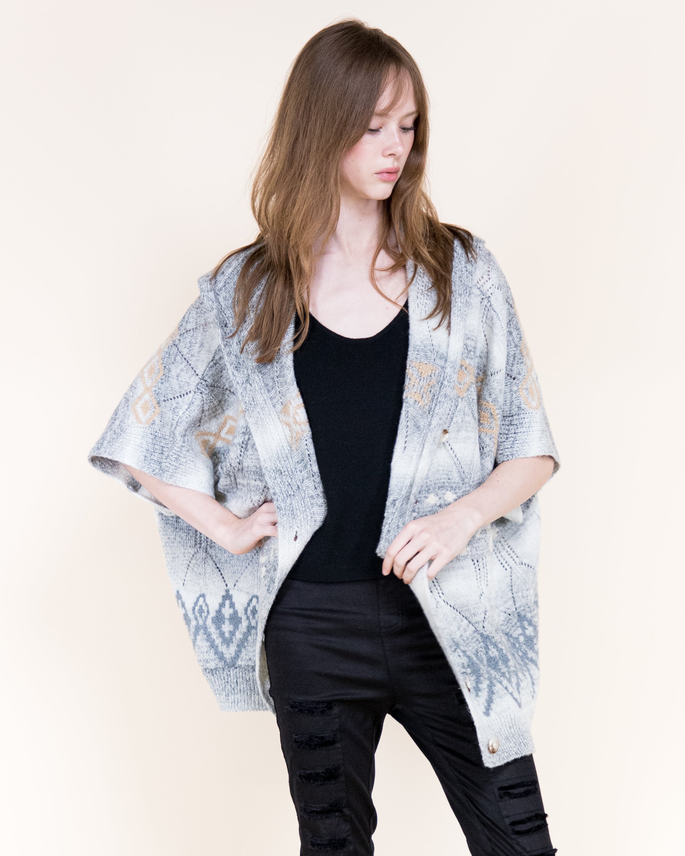 Cozy Nordic Hooded Poncho Cardigan-BEIGE (S/M, L/XL) (Pack of 6)