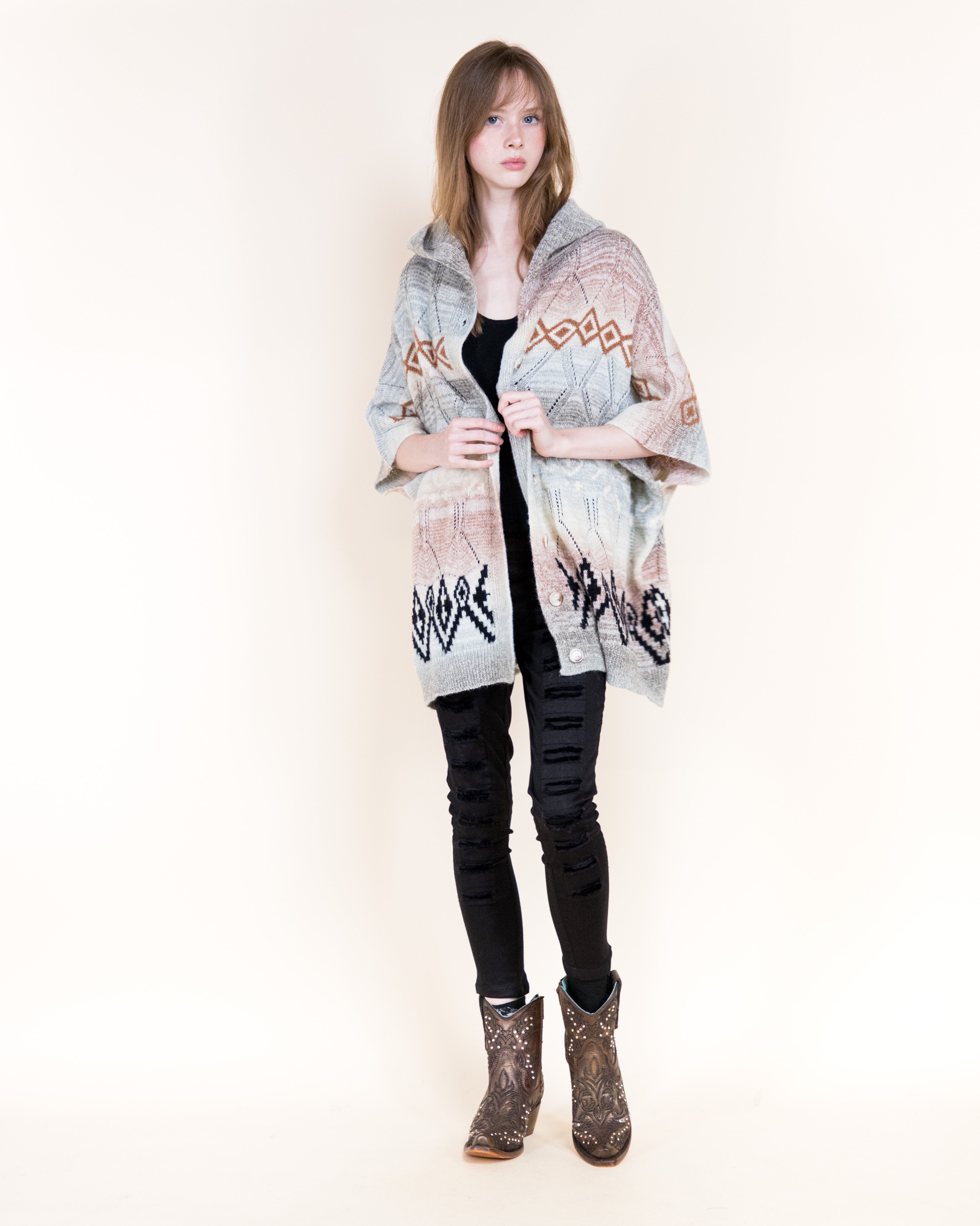 Cozy Nordic Hooded Poncho Cardigan-BEIGE (S/M, L/XL) (Pack of 6)
