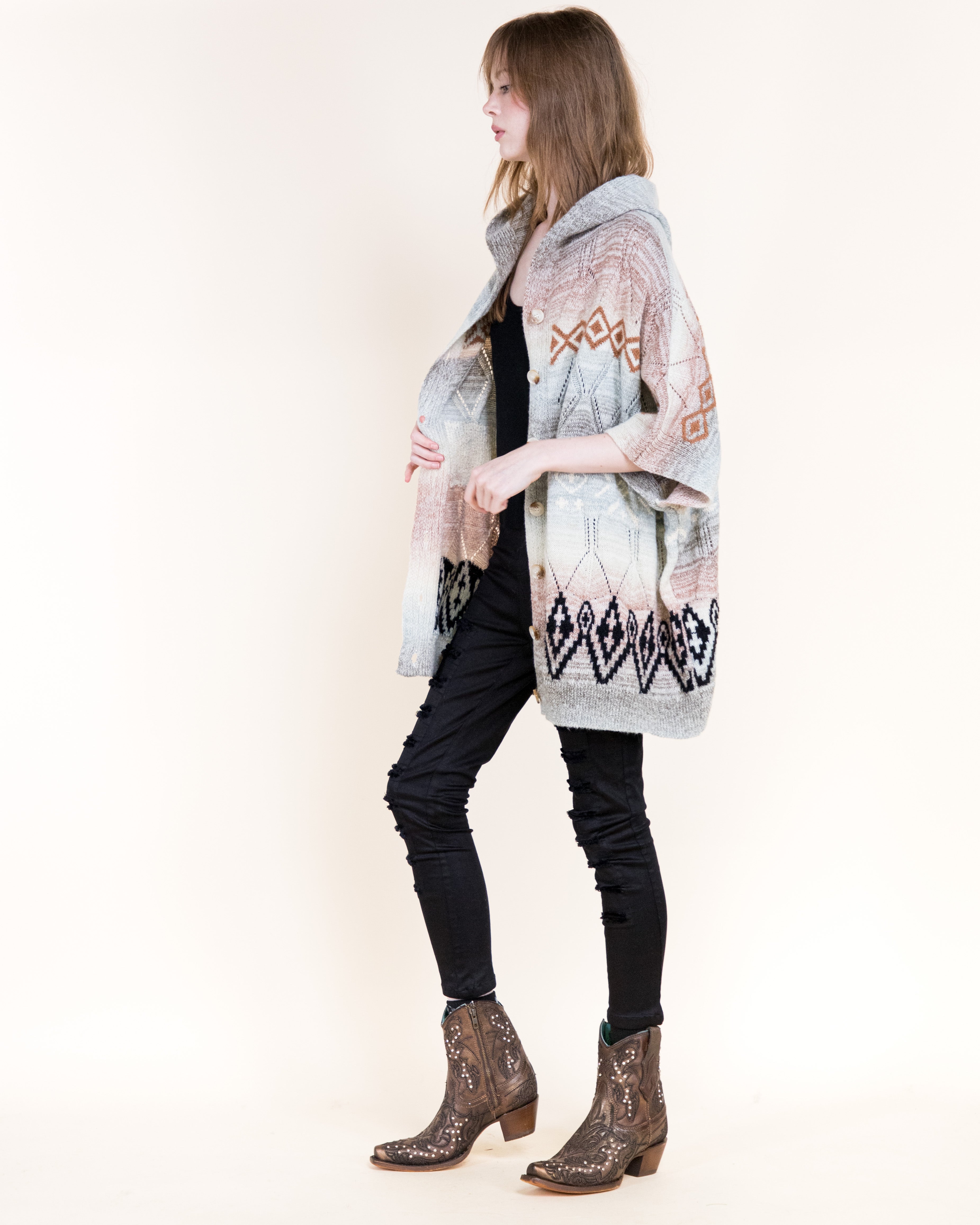 Cozy Nordic Hooded Poncho Cardigan-BEIGE (S/M, L/XL) (Pack of 6)