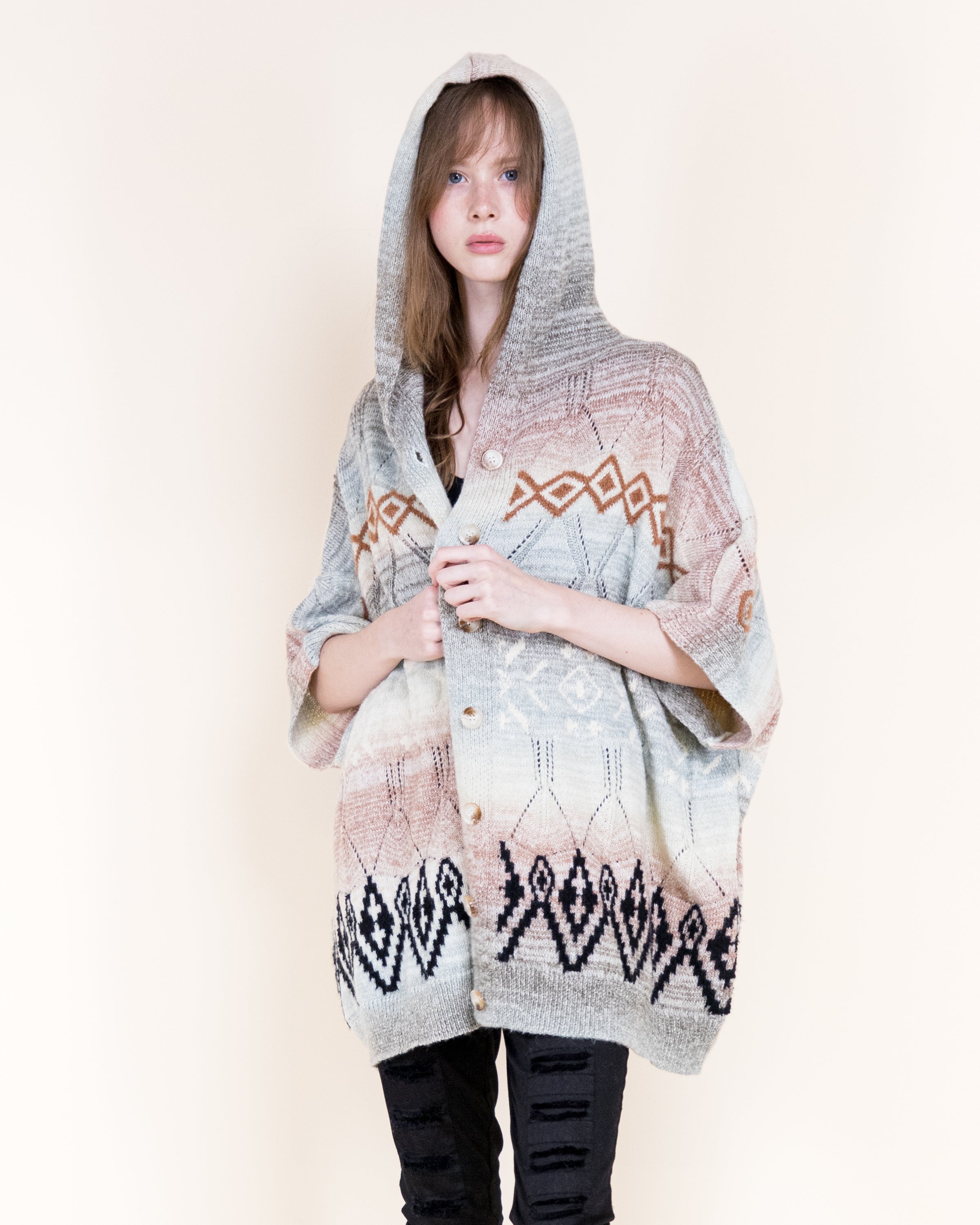 Cozy Nordic Hooded Poncho Cardigan-BEIGE (S/M, L/XL) (Pack of 6)
