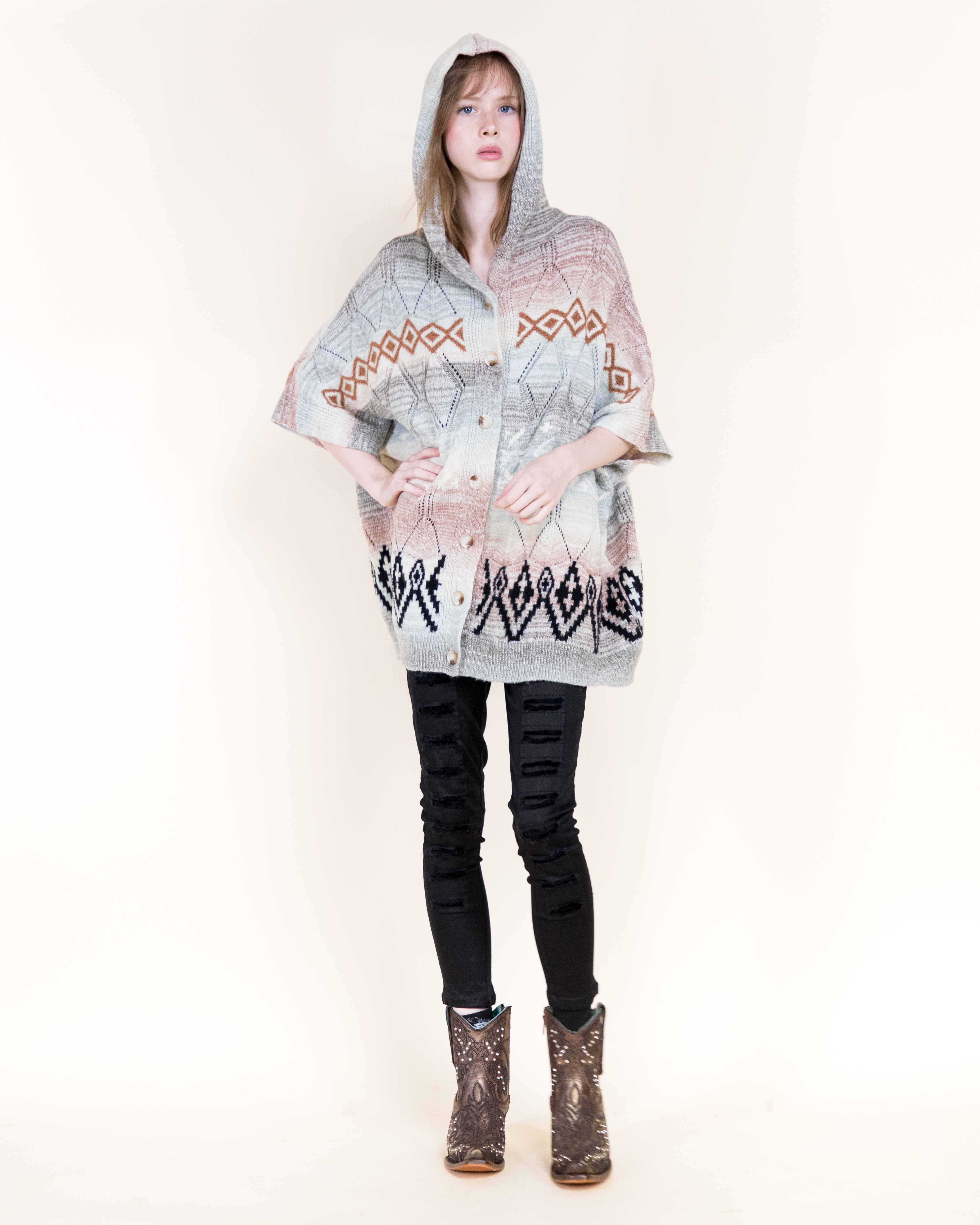 Cozy Nordic Hooded Poncho Cardigan-BEIGE (S/M, L/XL) (Pack of 6)