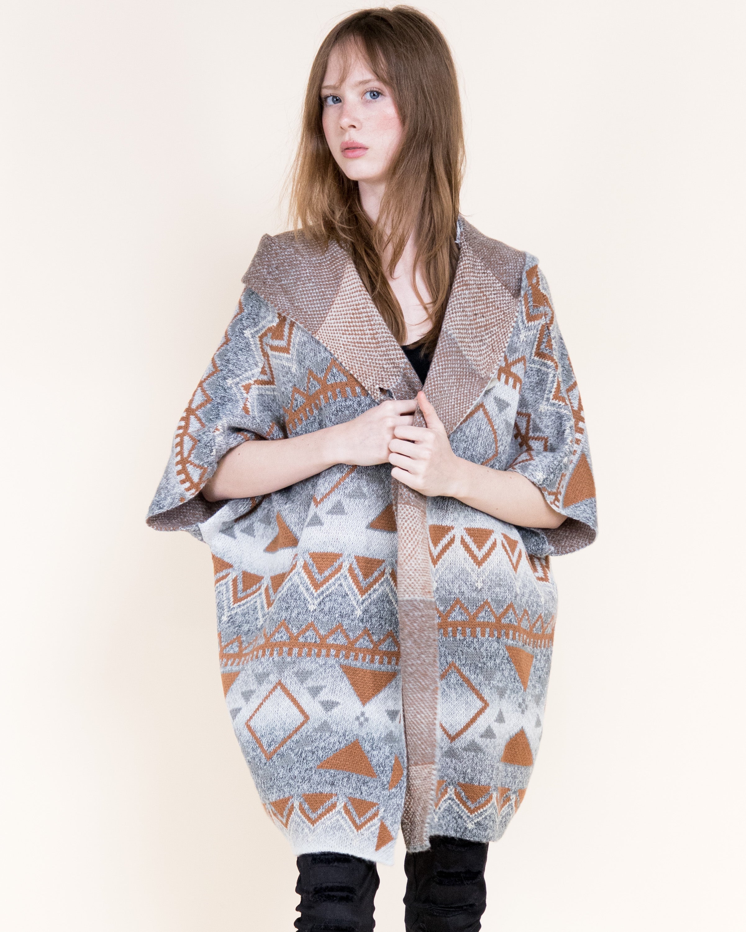 Cozy Pampas Hooded Poncho Cardigan-GRAY (S/M, L/XL) (Pack of 6)