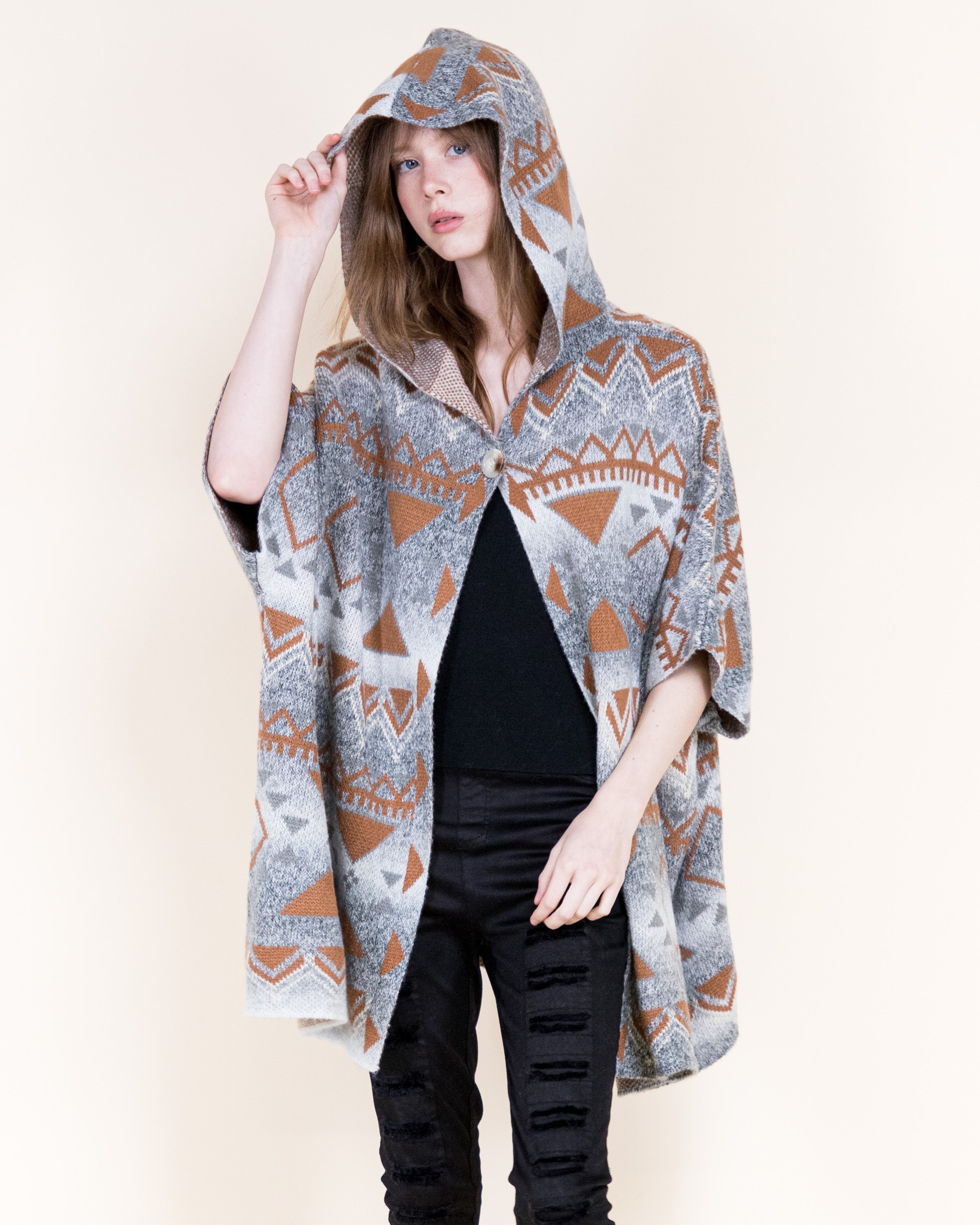 Cozy Pampas Hooded Poncho Cardigan-GRAY (S/M, L/XL) (Pack of 6)