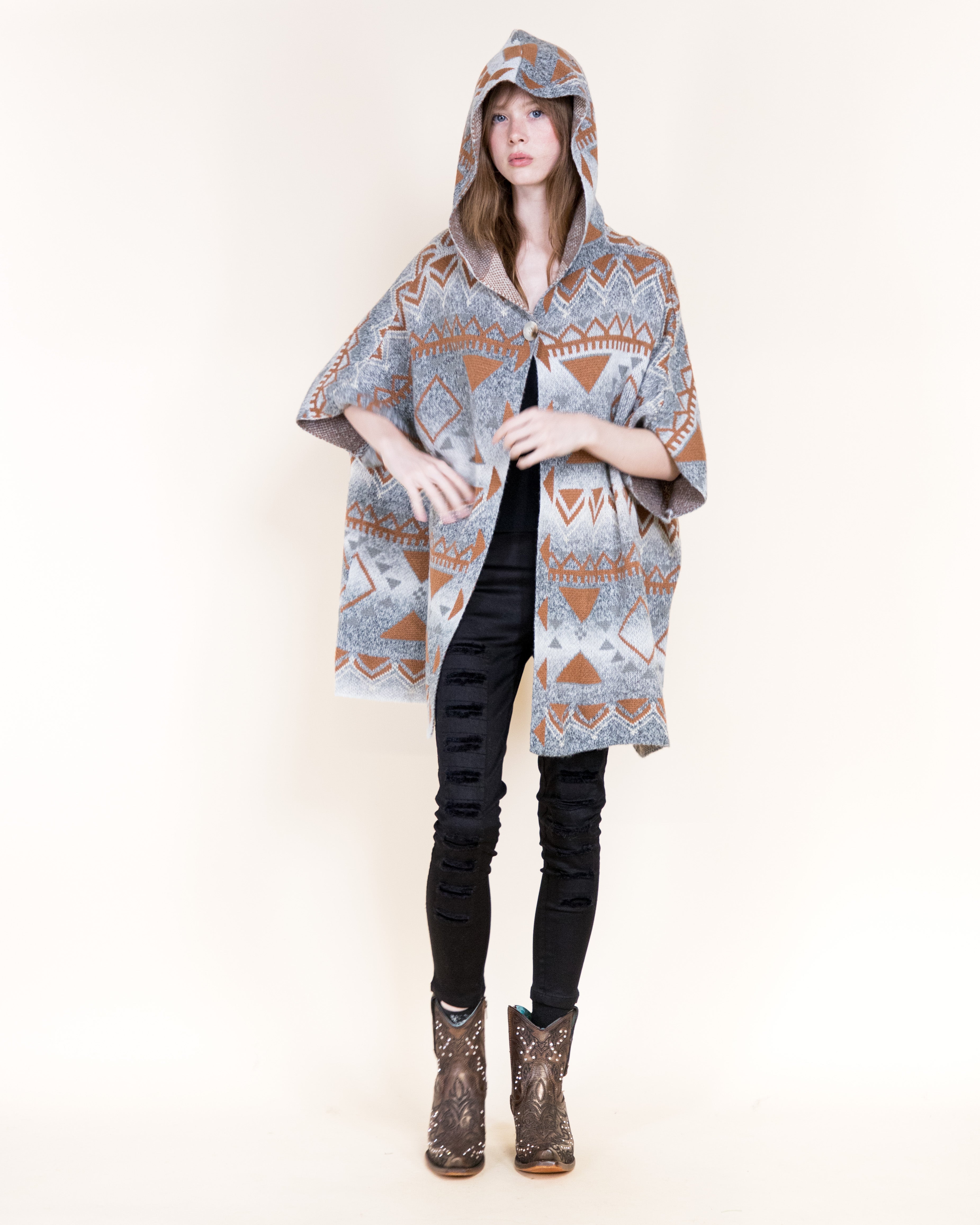 Cozy Pampas Hooded Poncho Cardigan-GRAY (S/M, L/XL) (Pack of 6)