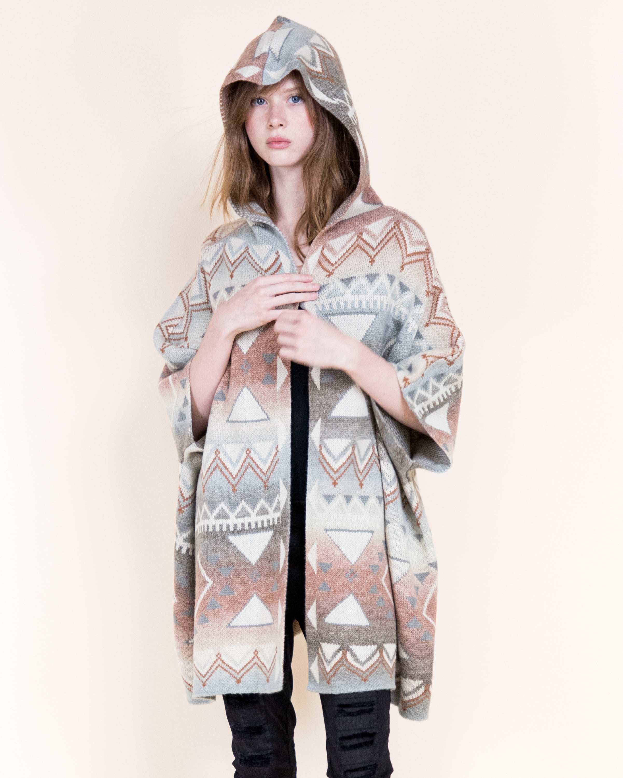 Cozy Pampas Hooded Poncho Cardigan-GRAY (S/M, L/XL) (Pack of 6)