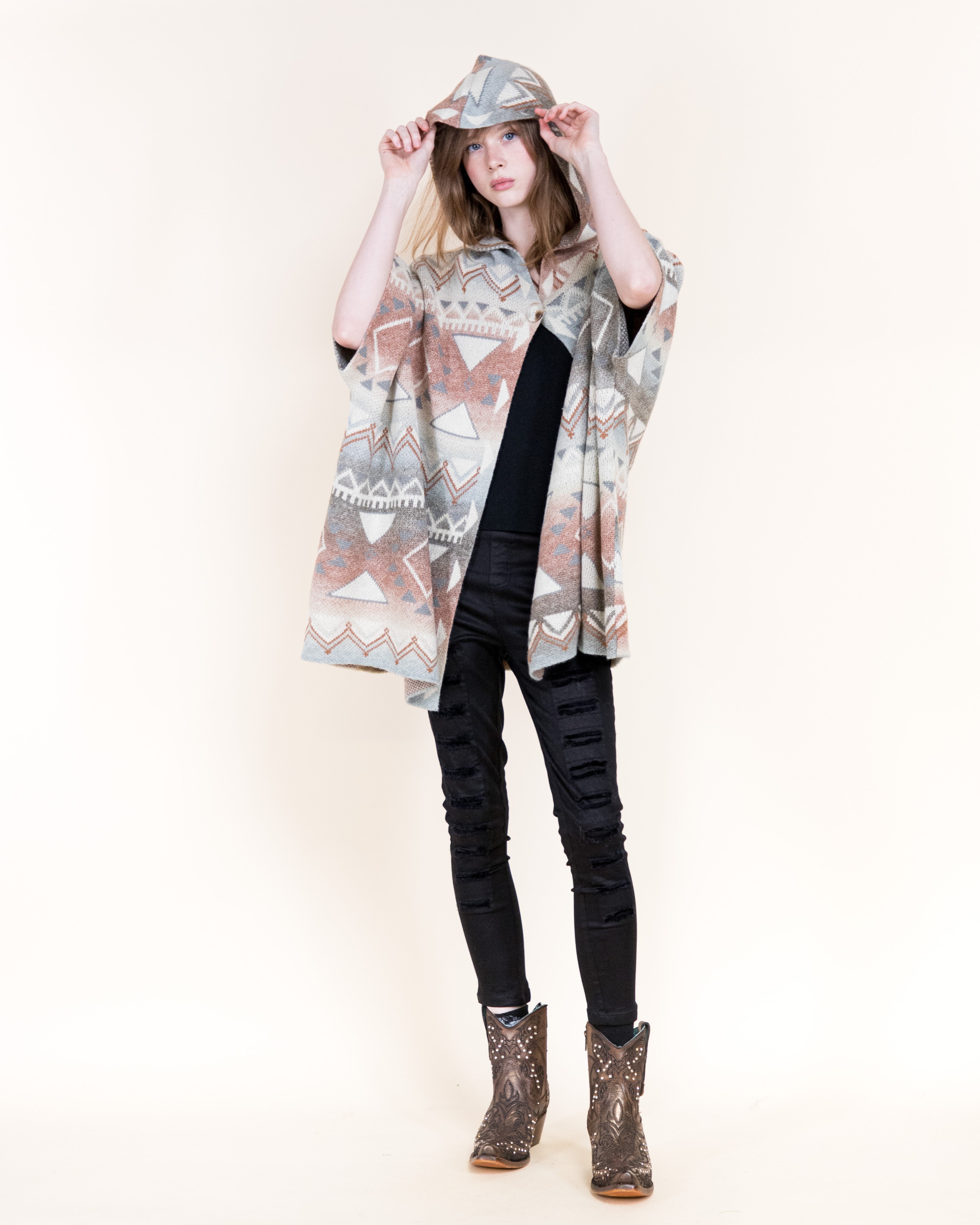 Cozy Pampas Hooded Poncho Cardigan-GRAY (S/M, L/XL) (Pack of 6)