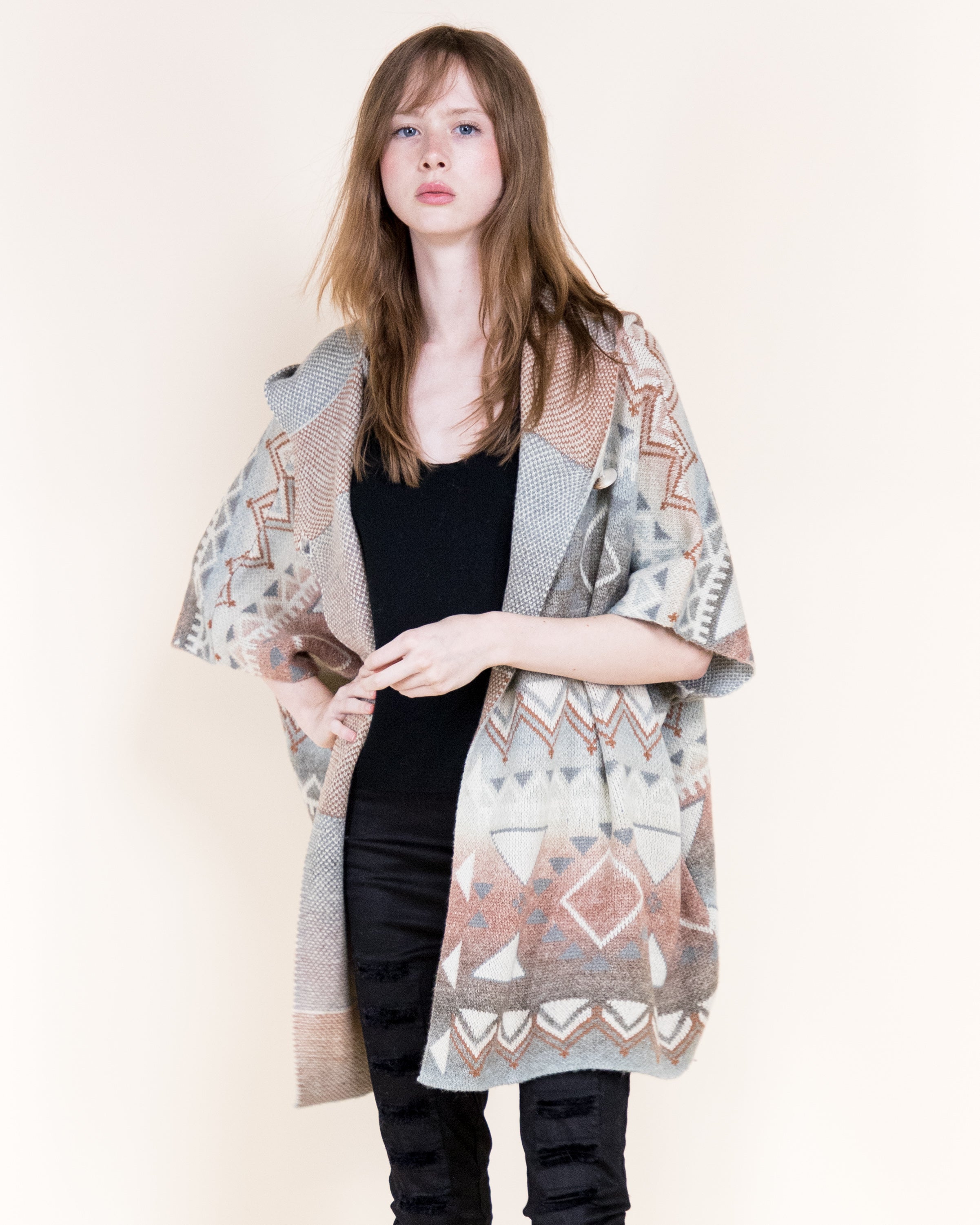 Cozy Pampas Hooded Poncho Cardigan-GRAY (S/M, L/XL) (Pack of 6)