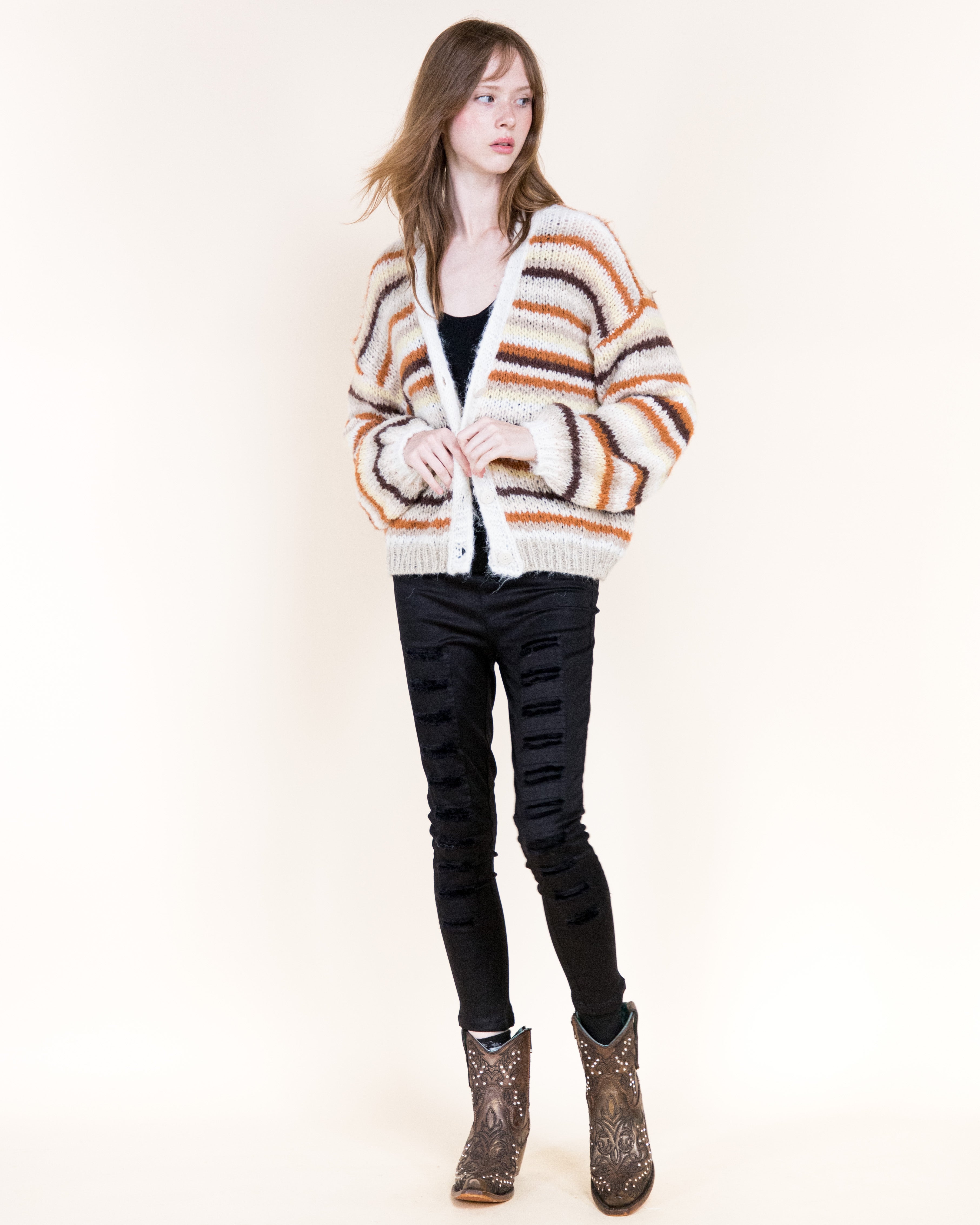 Tierra Stripe Cozy Wool Blend Cardigan-BROWN (S/M, L/XL) (Pack of 6)