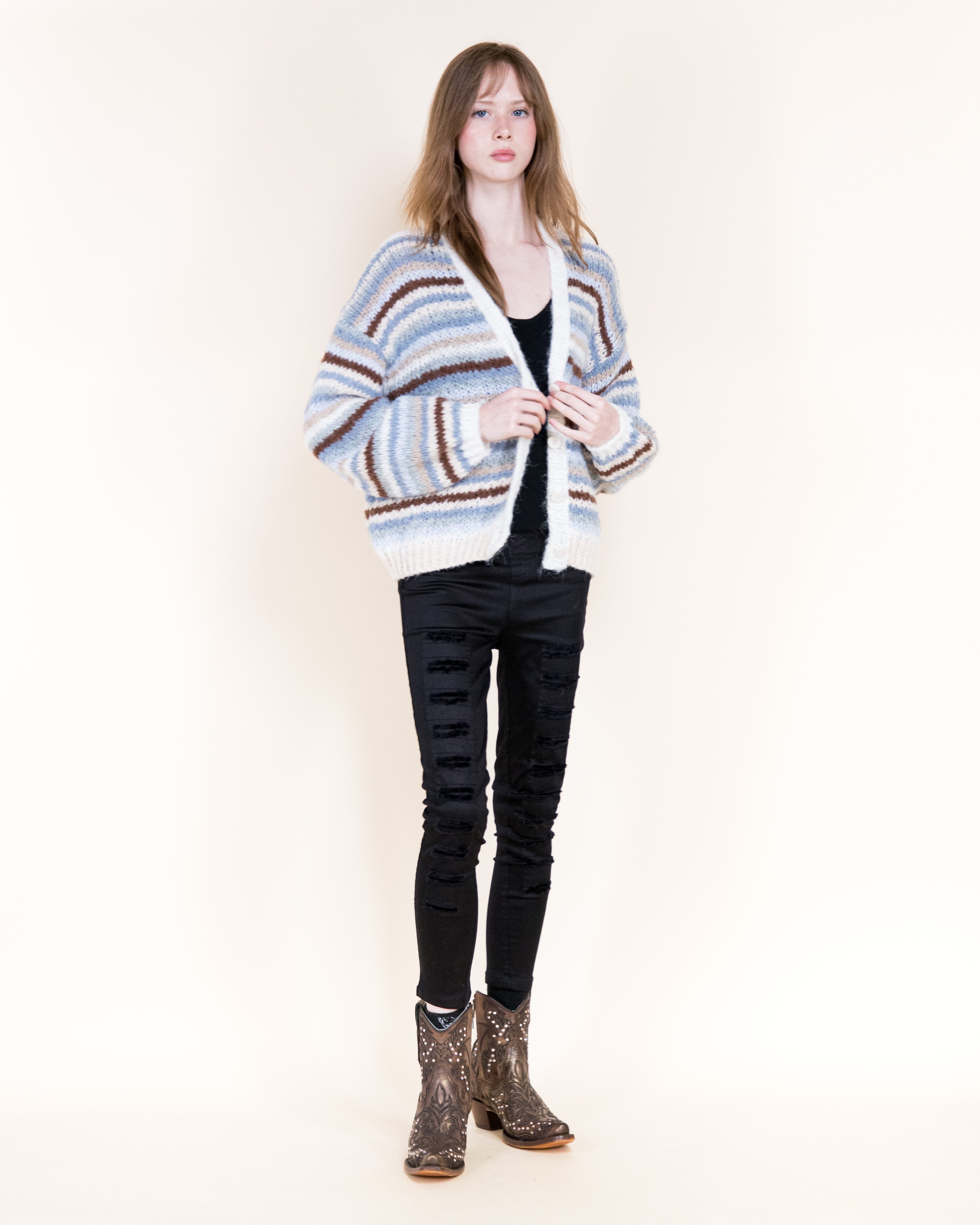 Tierra Stripe Cozy Wool Blend Cardigan-BROWN (S/M, L/XL) (Pack of 6)