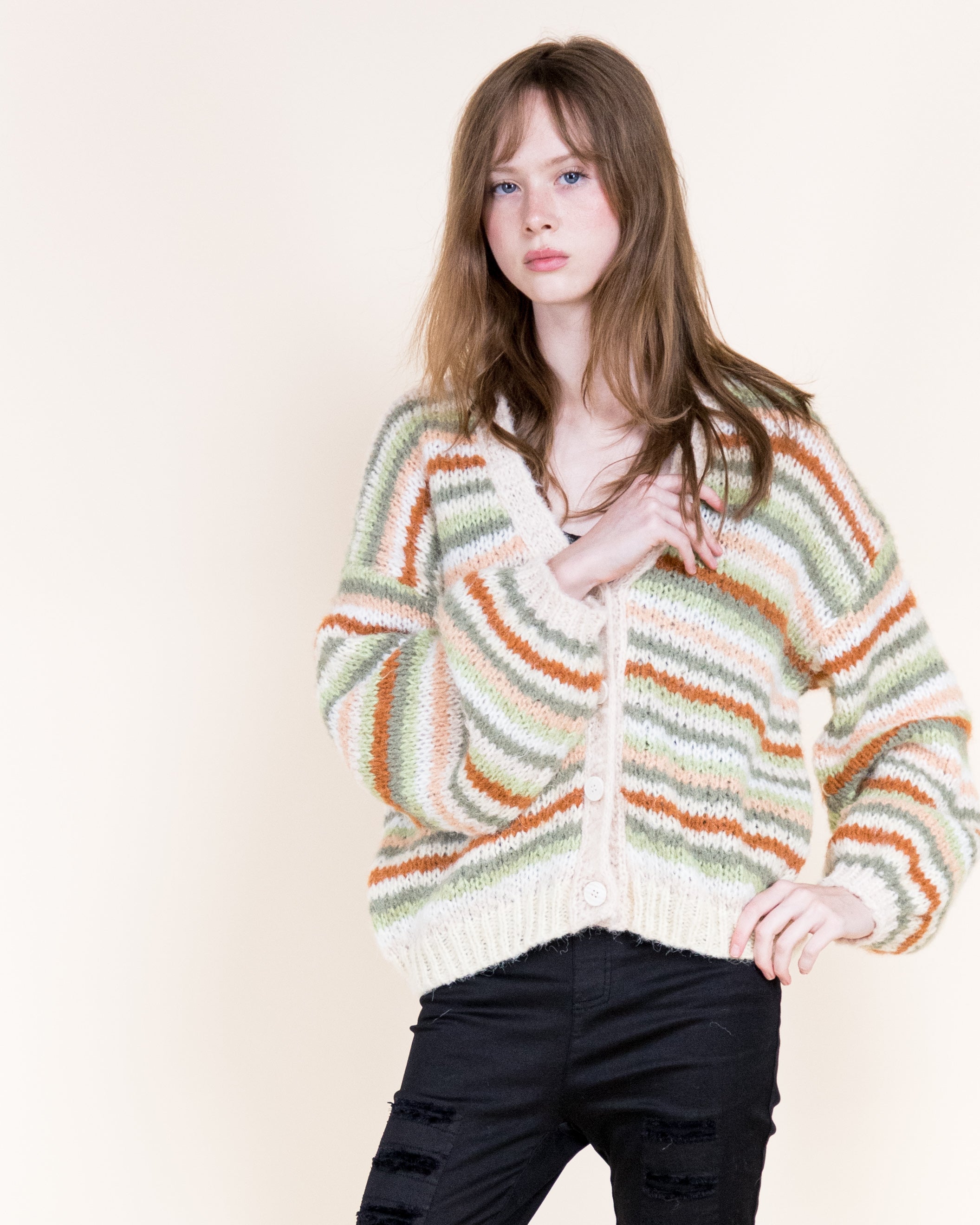 Tierra Stripe Cozy Wool Blend Cardigan-BROWN (S/M, L/XL) (Pack of 6)