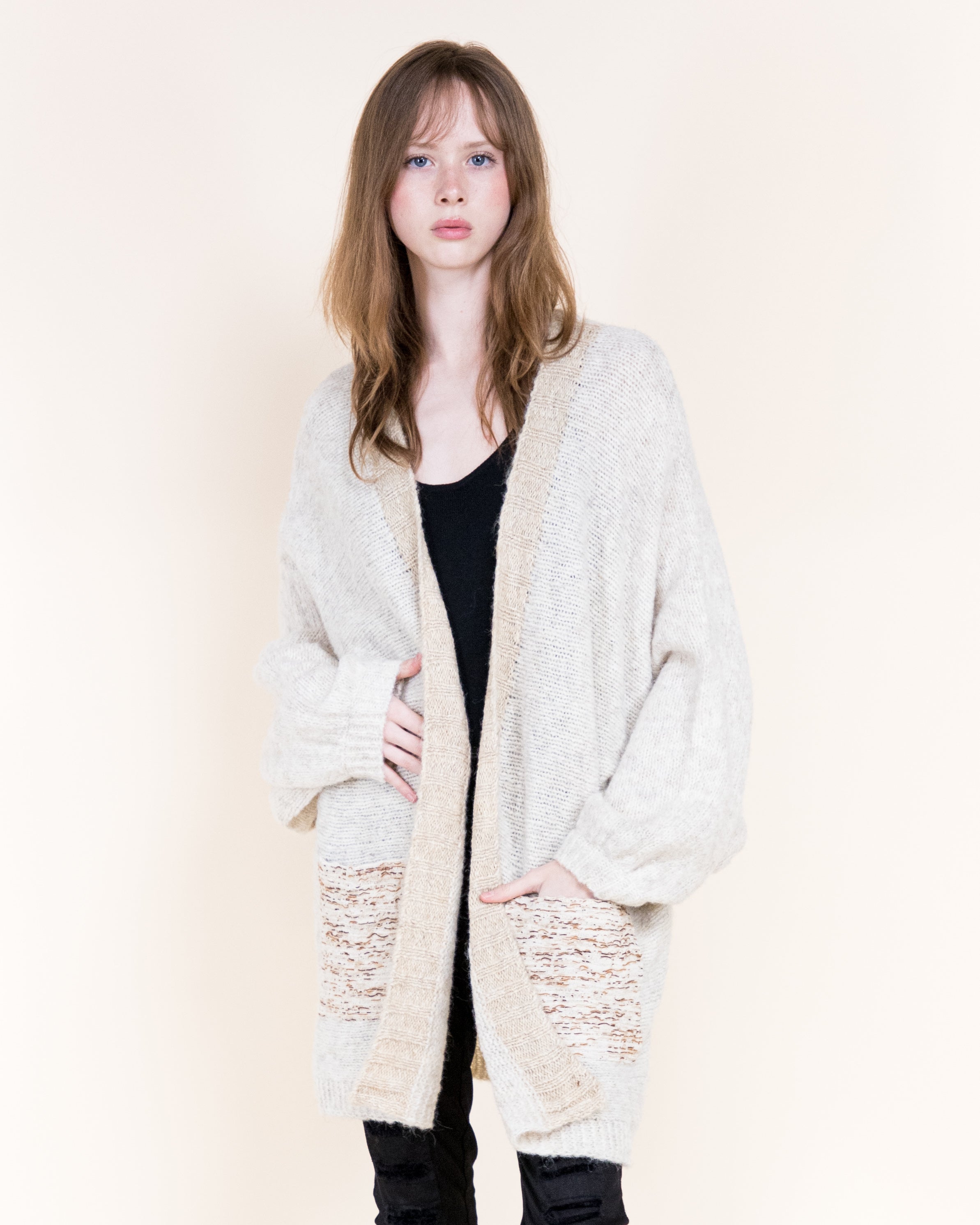 Colorblocked Woven Pockets Wool Blend Cardigan-BEIGE (S/M, L/XL) (Pack of 6)