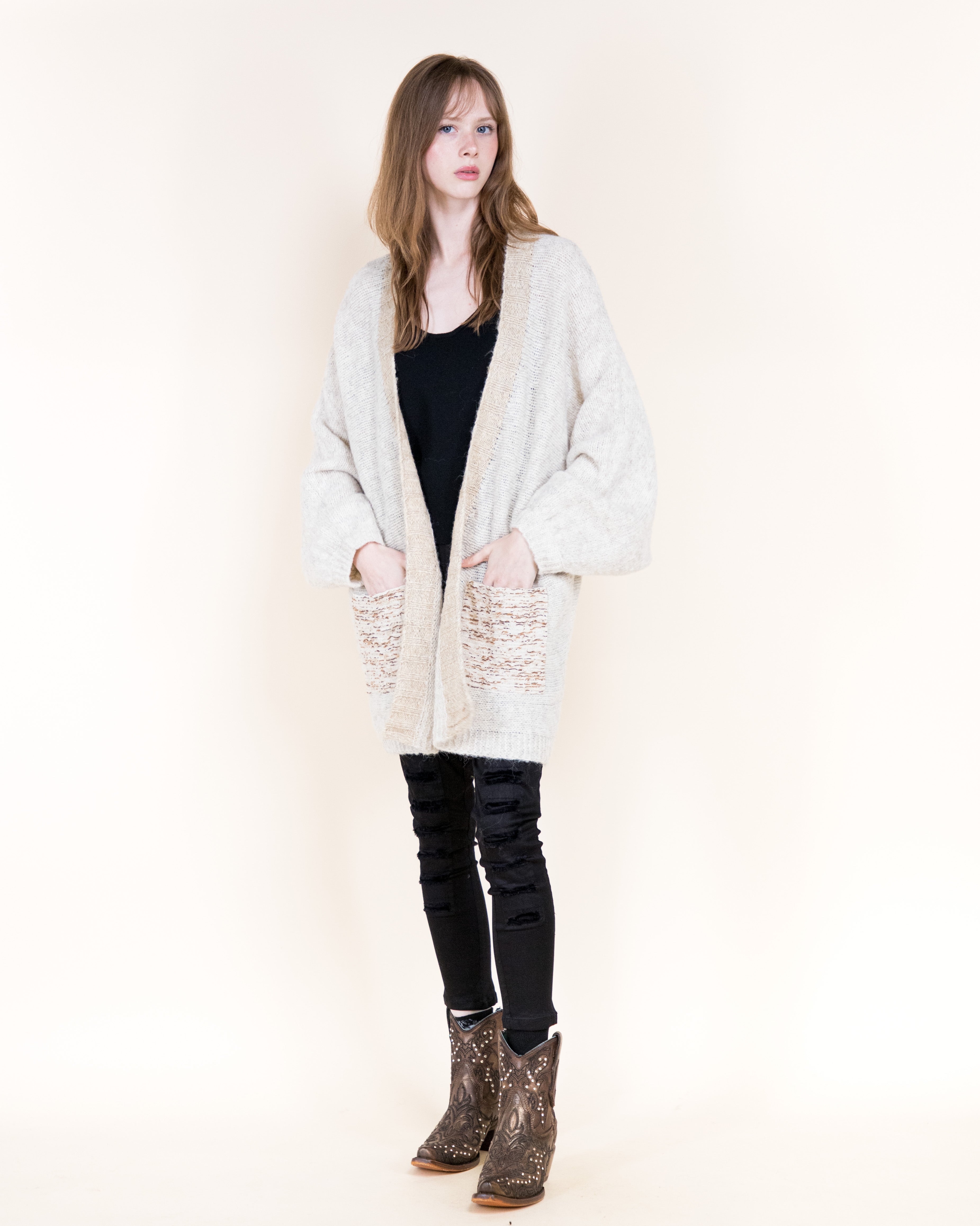Colorblocked Woven Pockets Wool Blend Cardigan-BEIGE (S/M, L/XL) (Pack of 6)