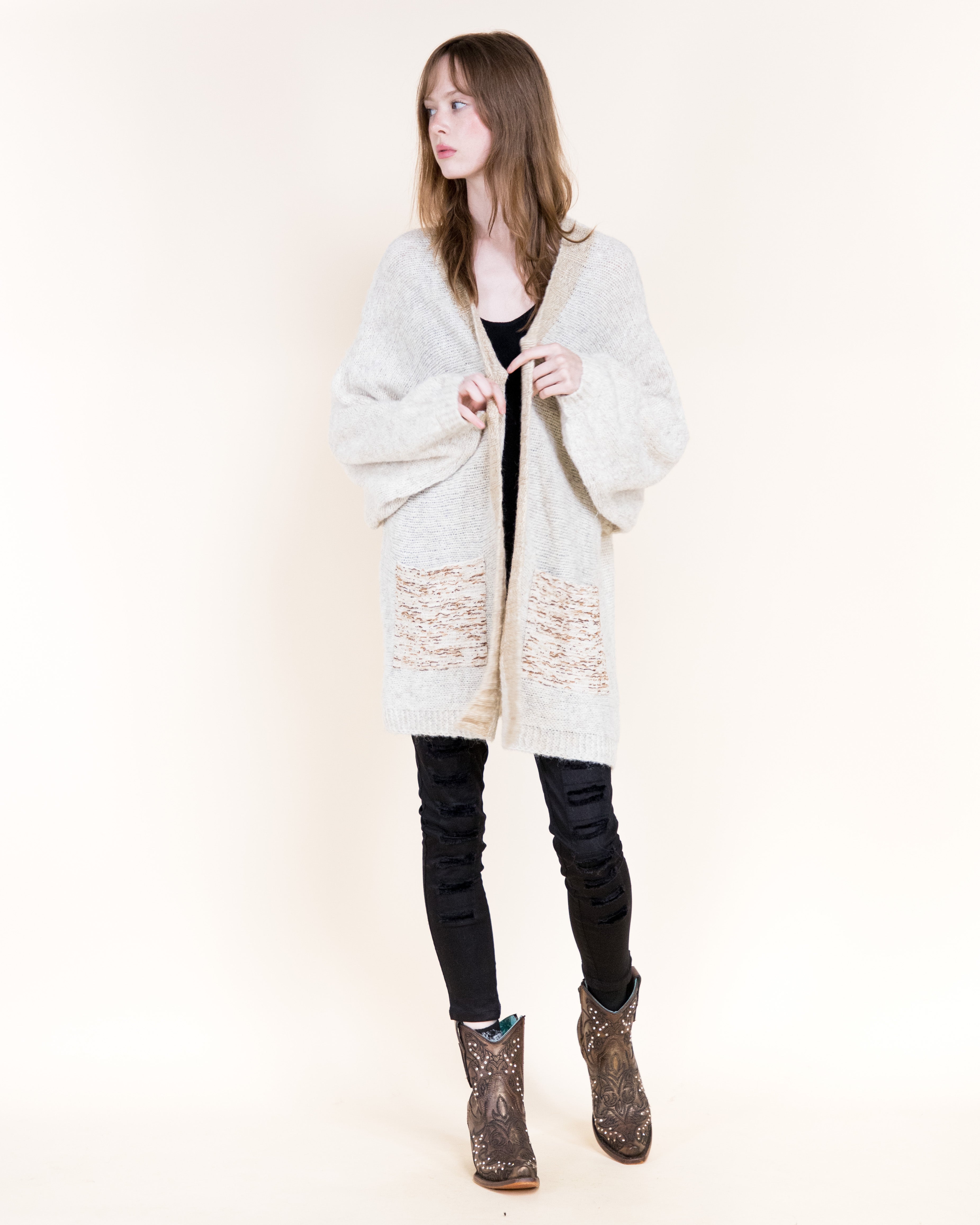 Colorblocked Woven Pockets Wool Blend Cardigan-BEIGE (S/M, L/XL) (Pack of 6)
