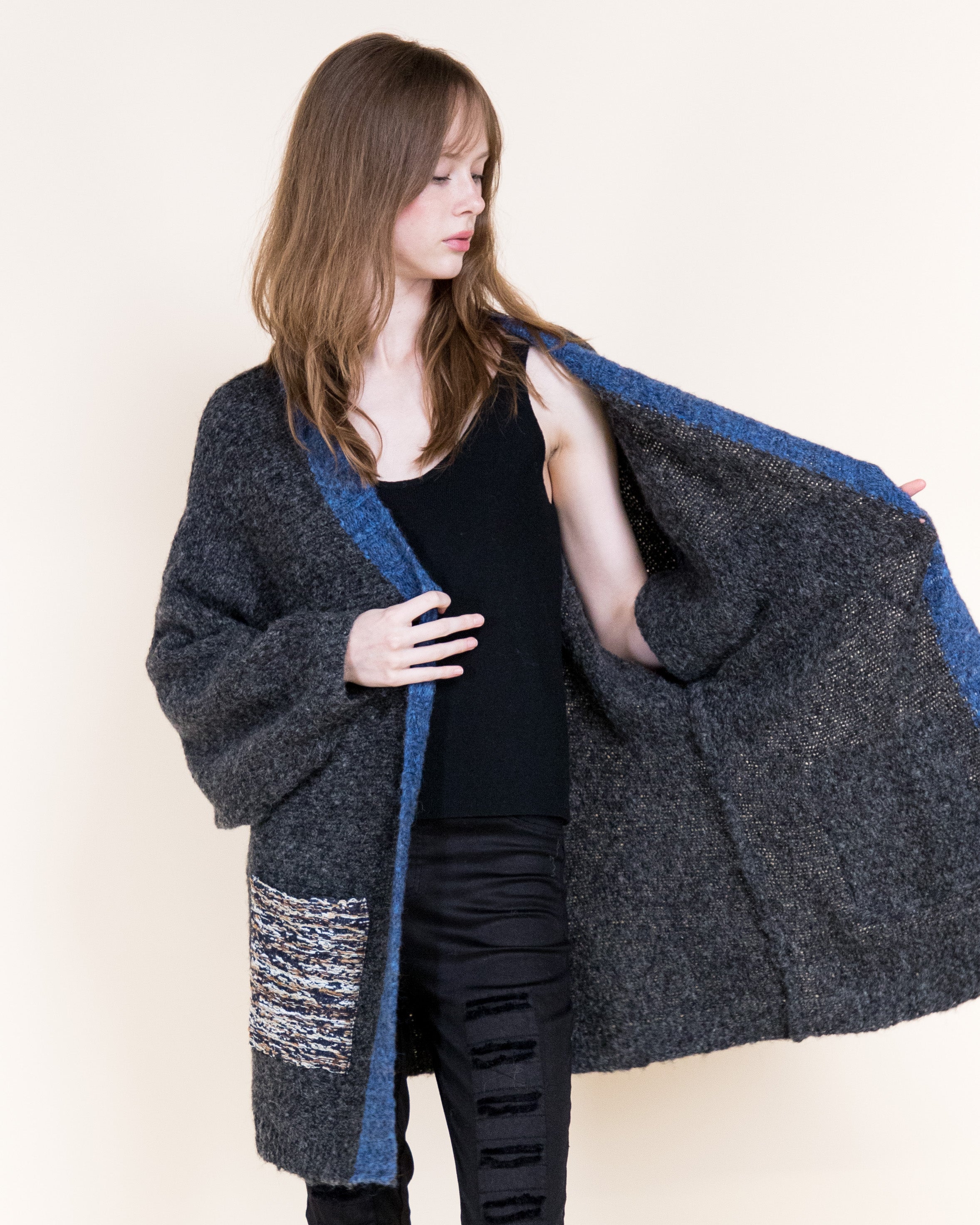 Colorblocked Woven Pockets Wool Blend Cardigan-BEIGE (S/M, L/XL) (Pack of 6)