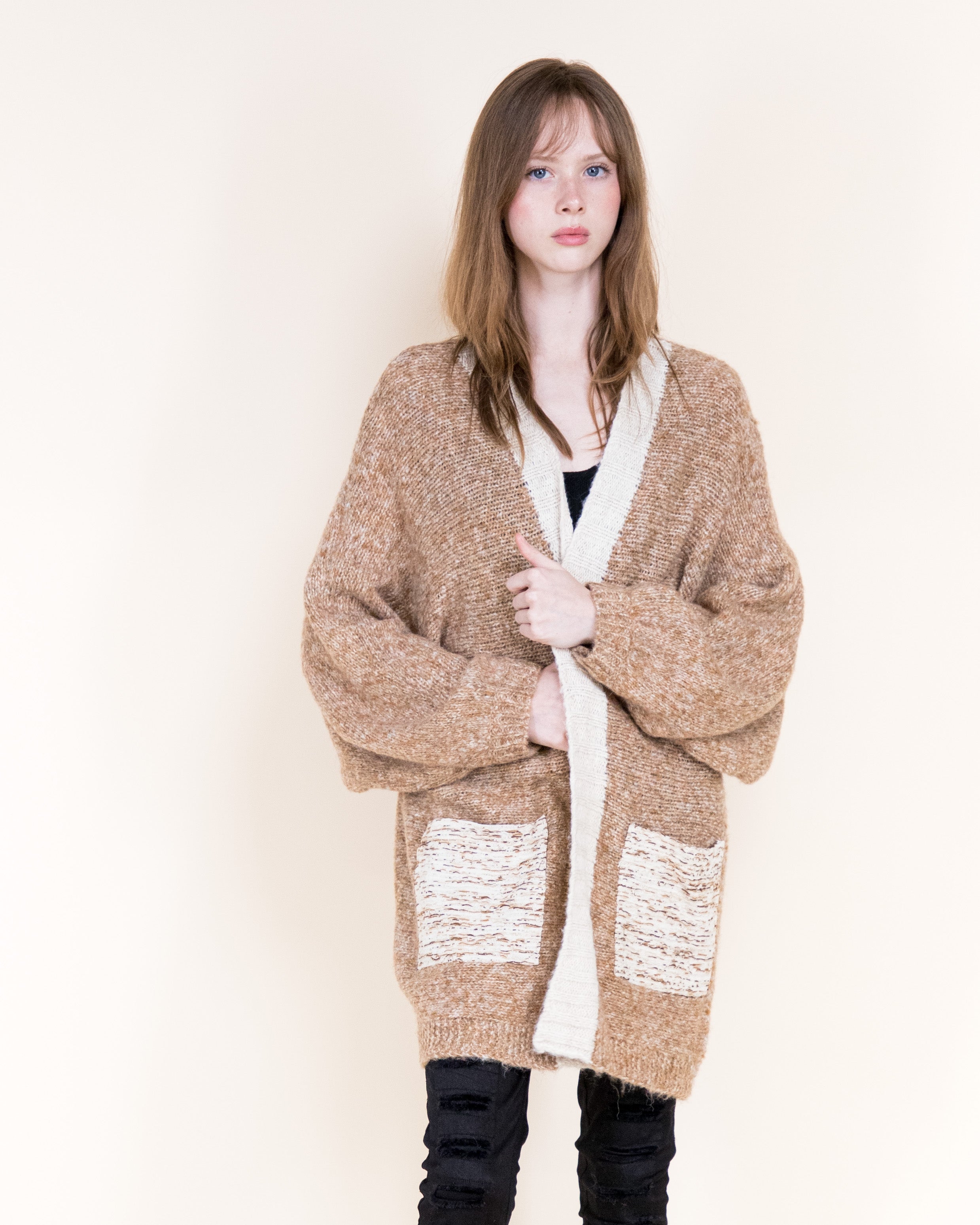 Colorblocked Woven Pockets Wool Blend Cardigan-BEIGE (S/M, L/XL) (Pack of 6)