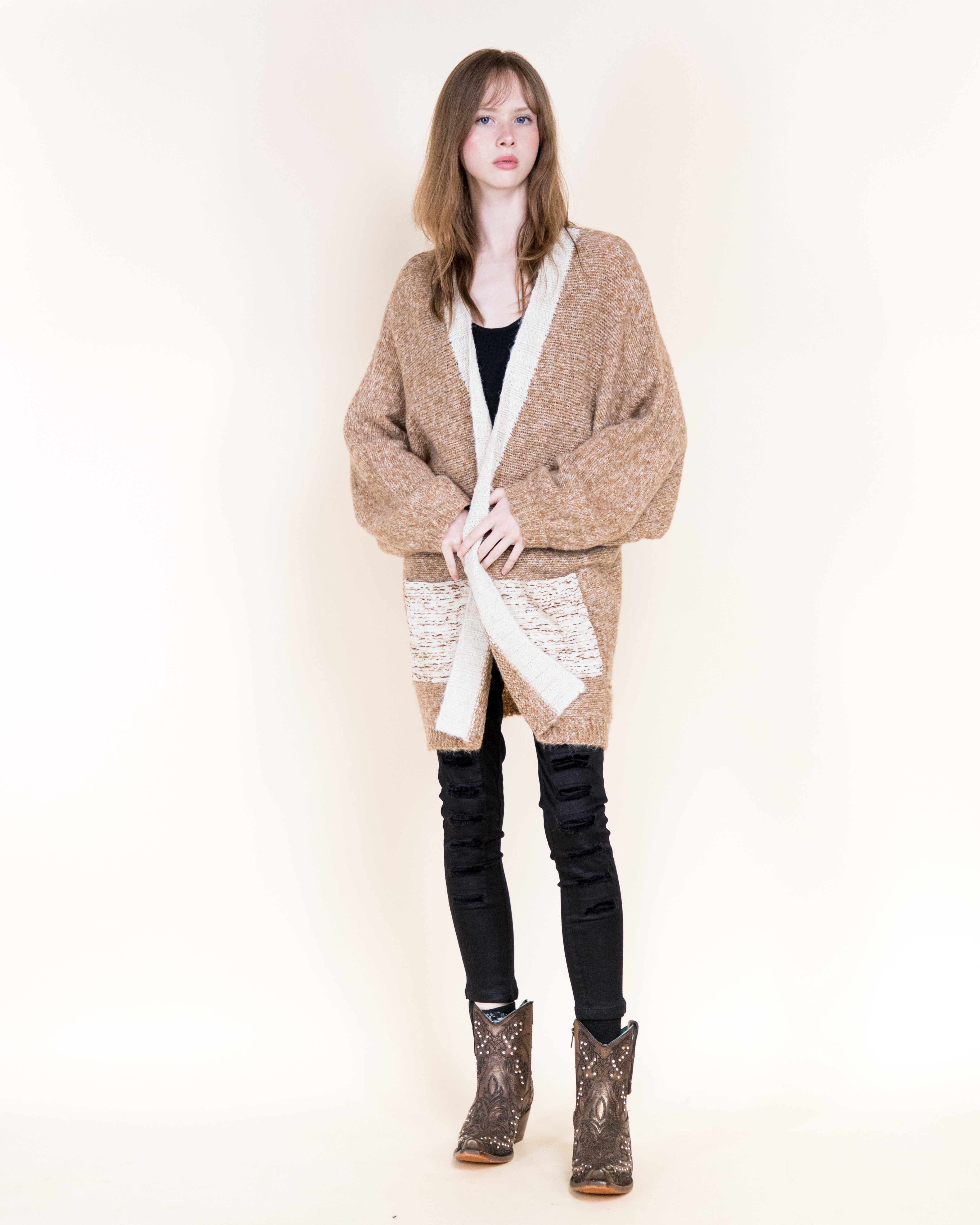Colorblocked Woven Pockets Wool Blend Cardigan-BEIGE (S/M, L/XL) (Pack of 6)
