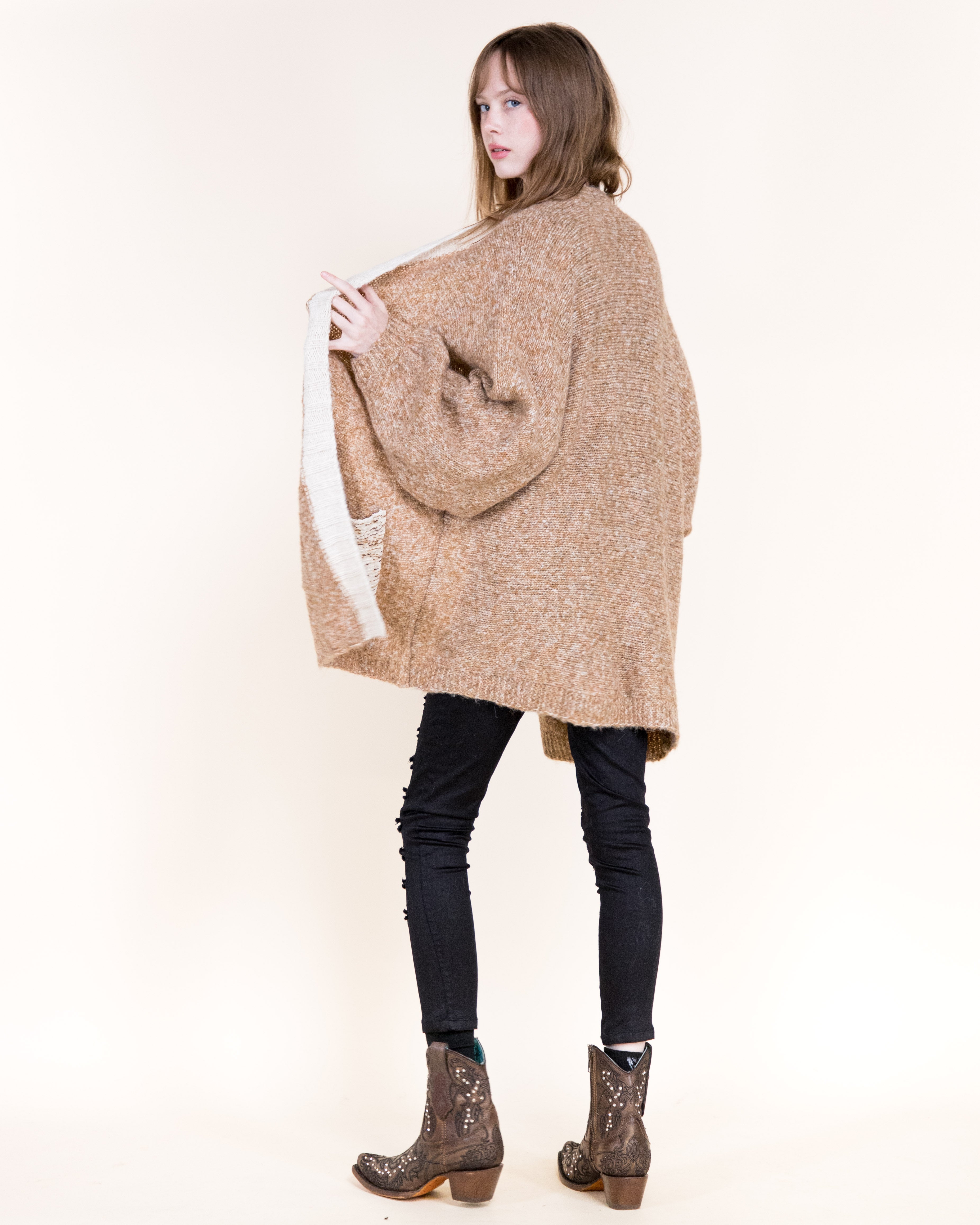 Colorblocked Woven Pockets Wool Blend Cardigan-BEIGE (S/M, L/XL) (Pack of 6)