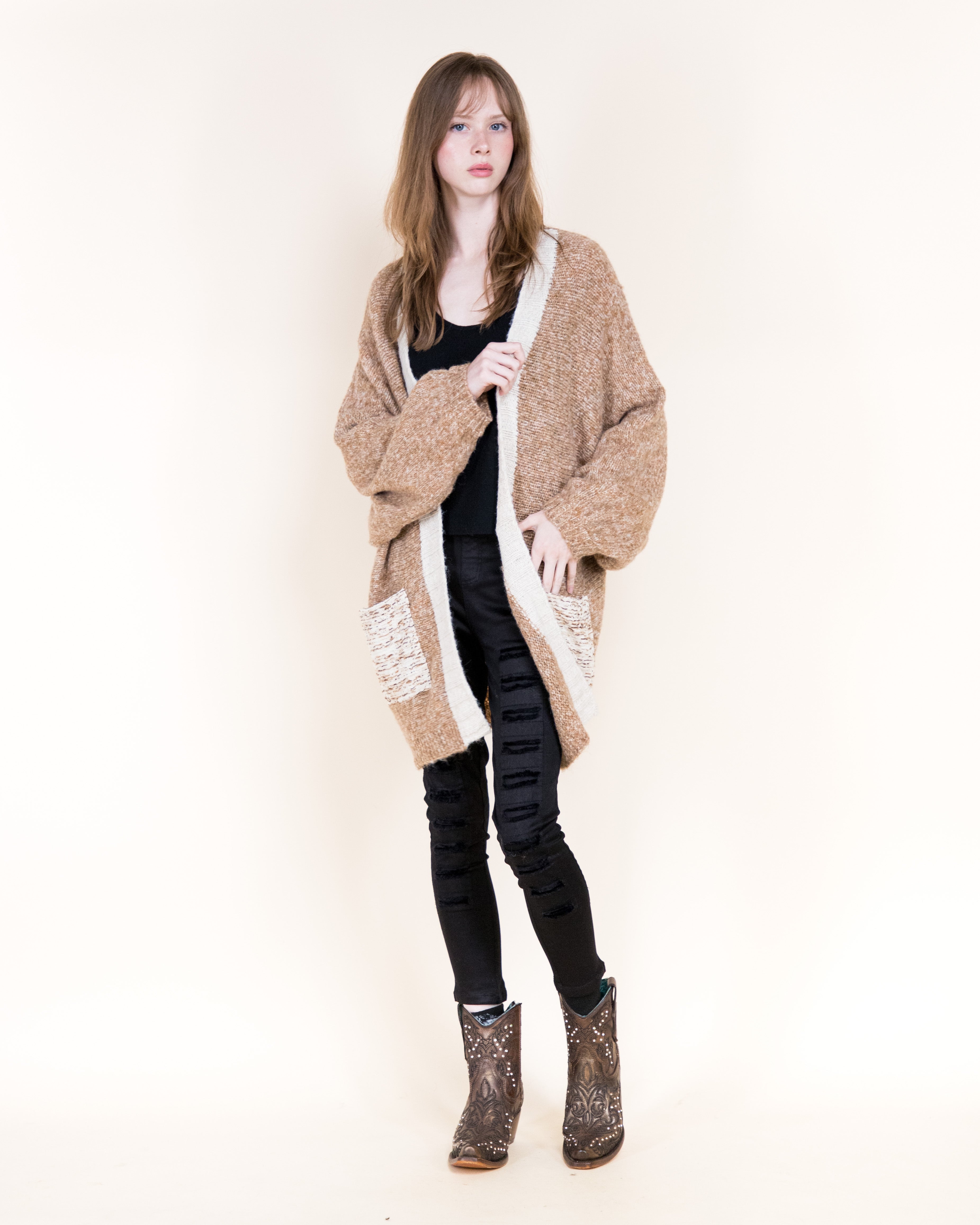 Colorblocked Woven Pockets Wool Blend Cardigan-BEIGE (S/M, L/XL) (Pack of 6)