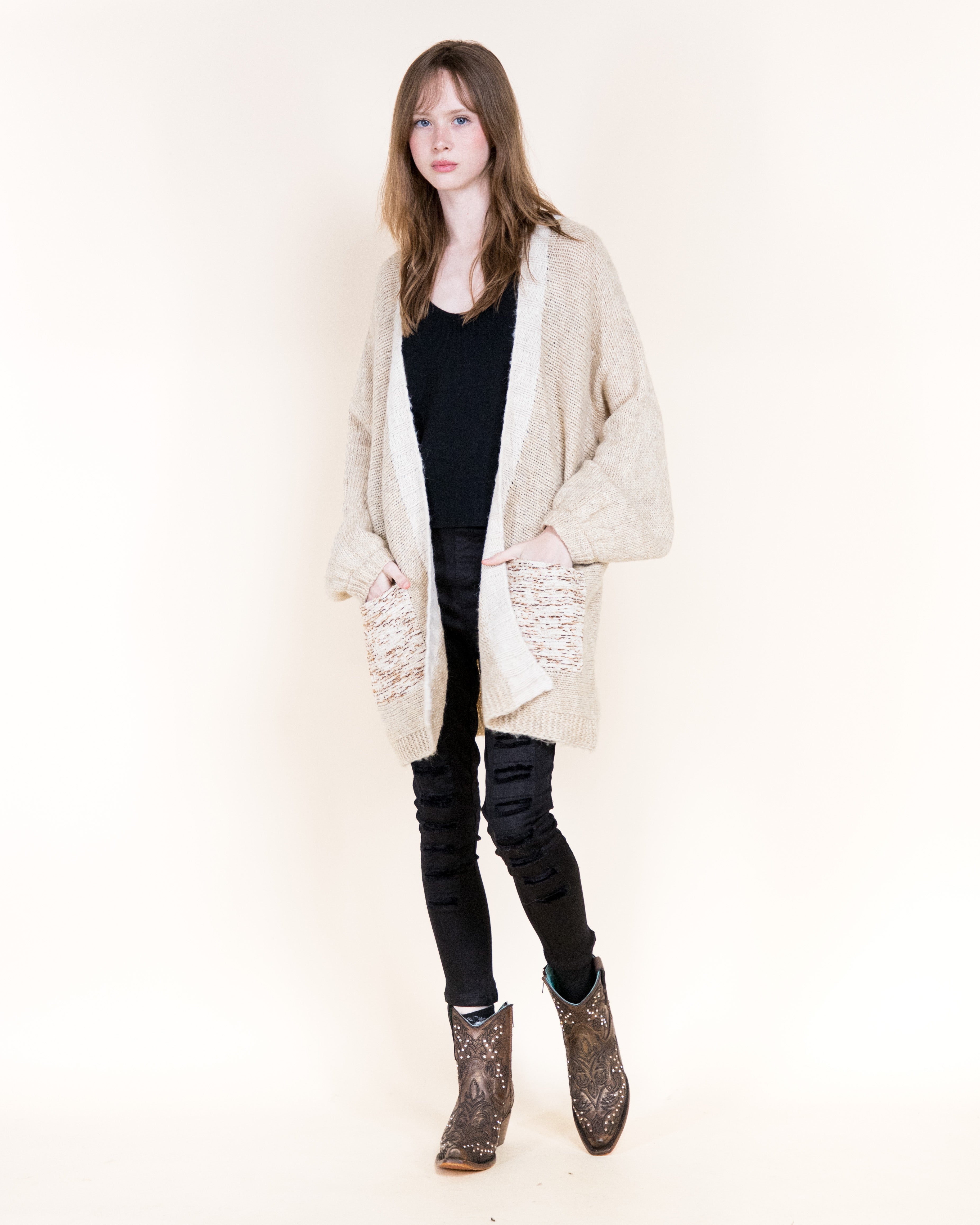 Colorblocked Woven Pockets Wool Blend Cardigan-BEIGE (S/M, L/XL) (Pack of 6)