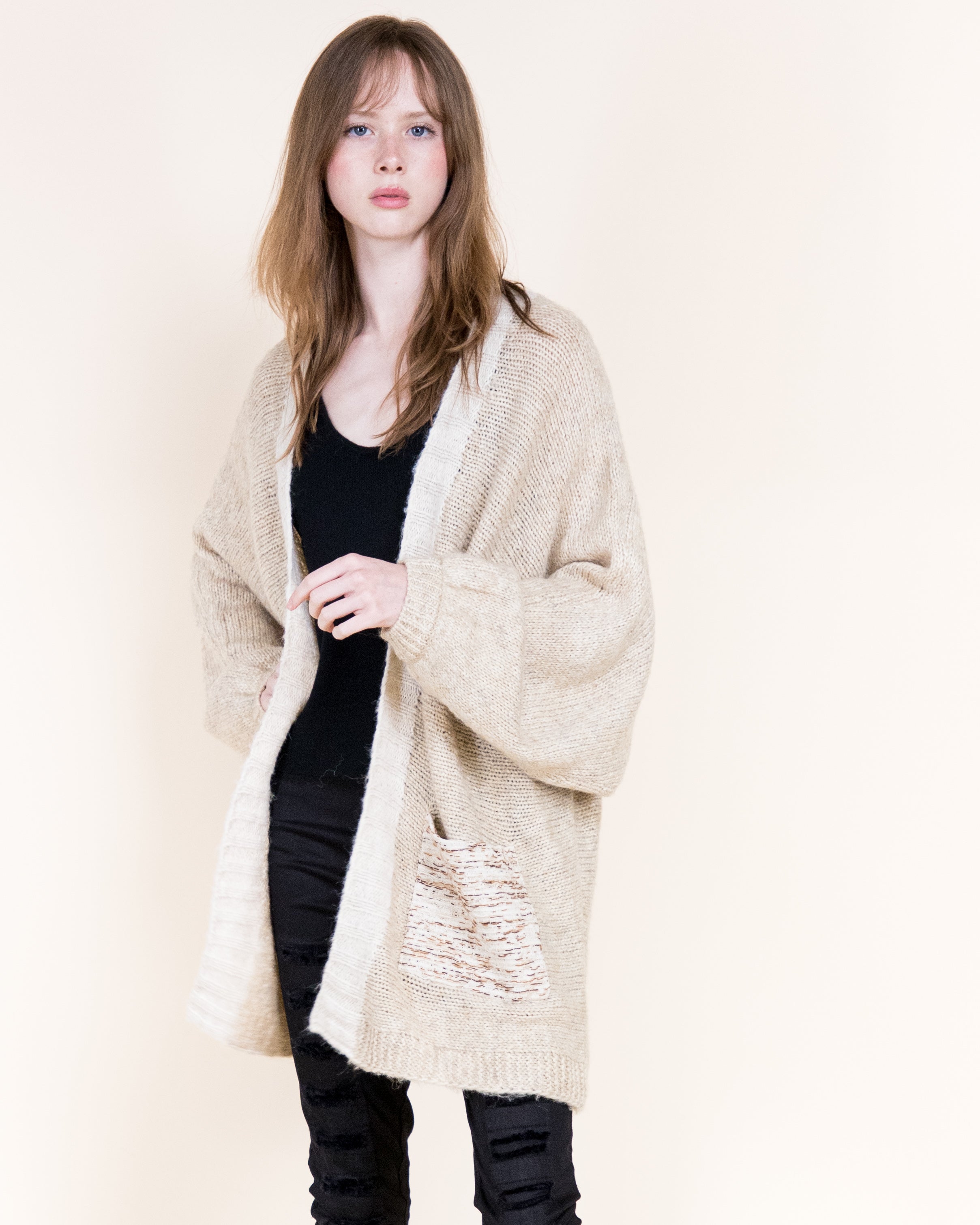 Colorblocked Woven Pockets Wool Blend Cardigan-BEIGE (S/M, L/XL) (Pack of 6)