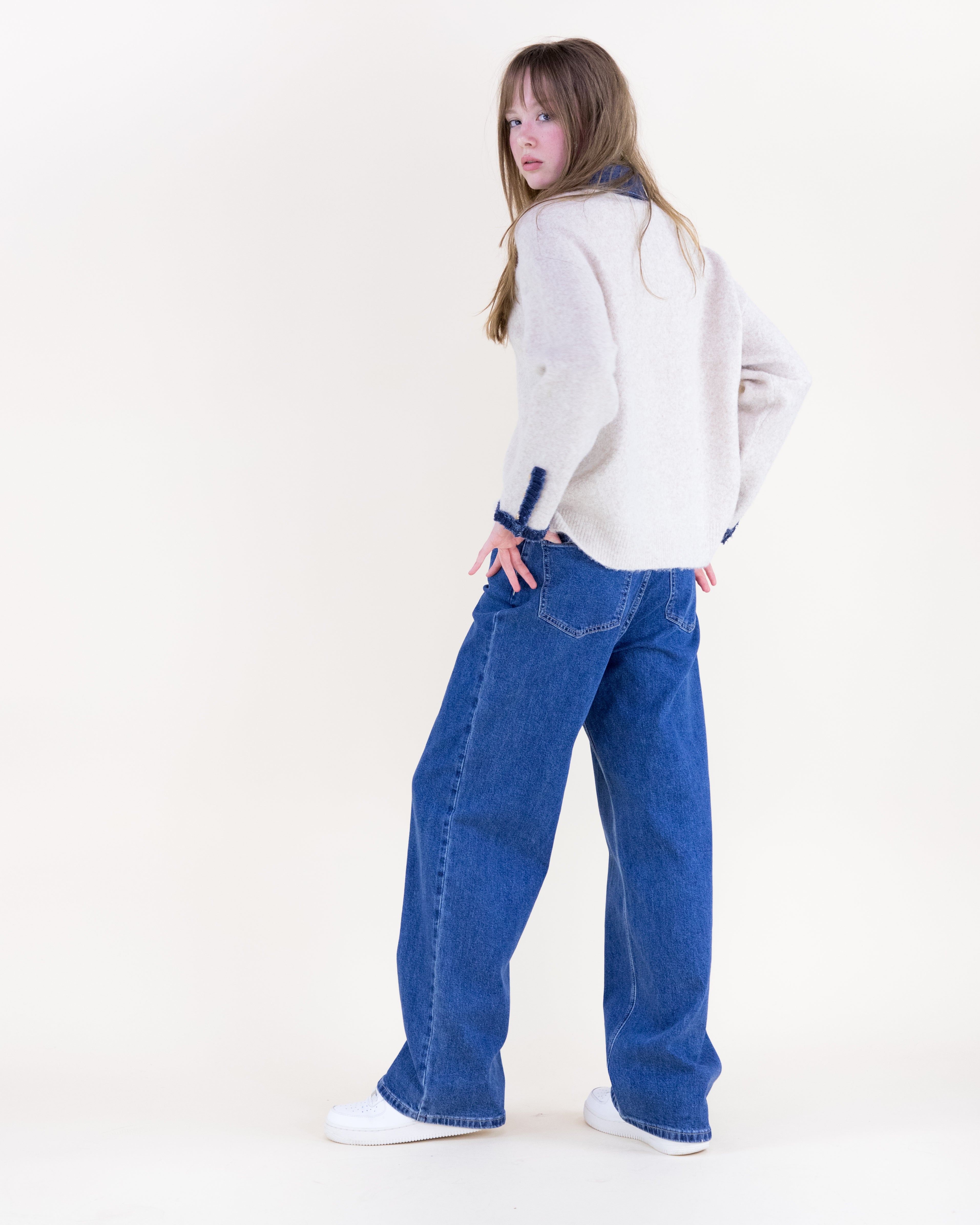 Denim Trim Comfy Boyfriend Sweater - BEIGE (S/M, L/XL) (Pack of 6)