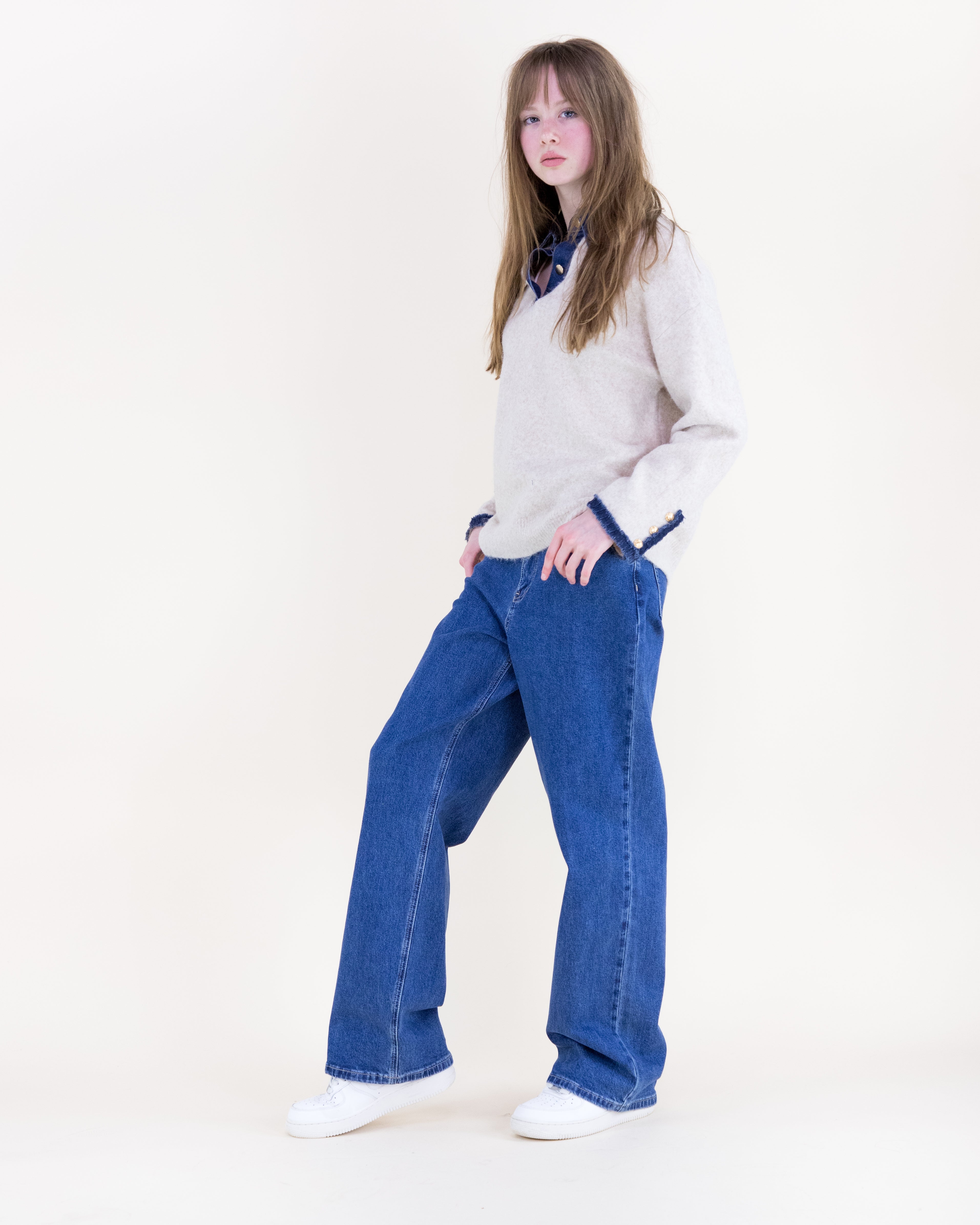Denim Trim Comfy Boyfriend Sweater - BEIGE (S/M, L/XL) (Pack of 6)
