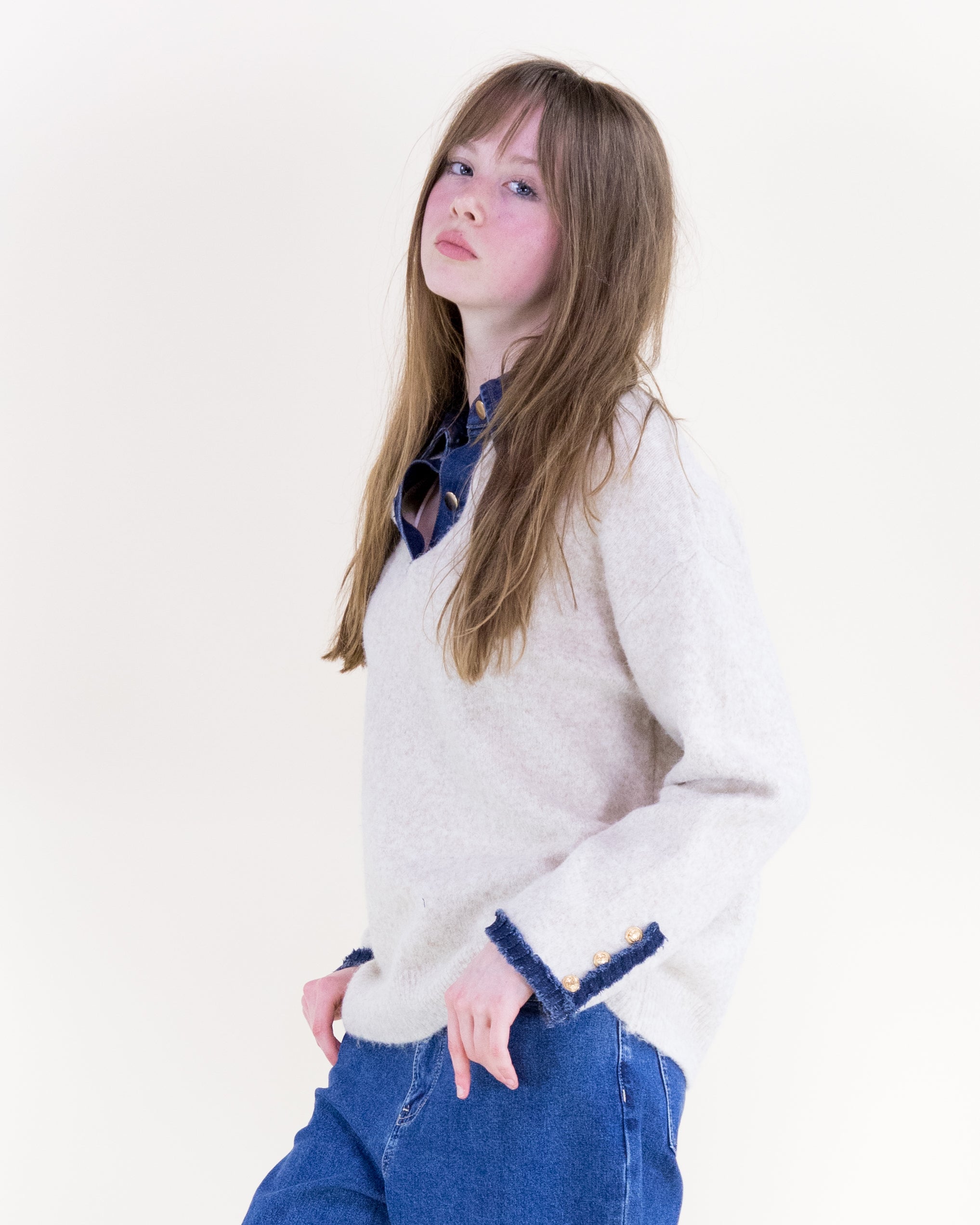 Denim Trim Comfy Boyfriend Sweater - BEIGE (S/M, L/XL) (Pack of 6)