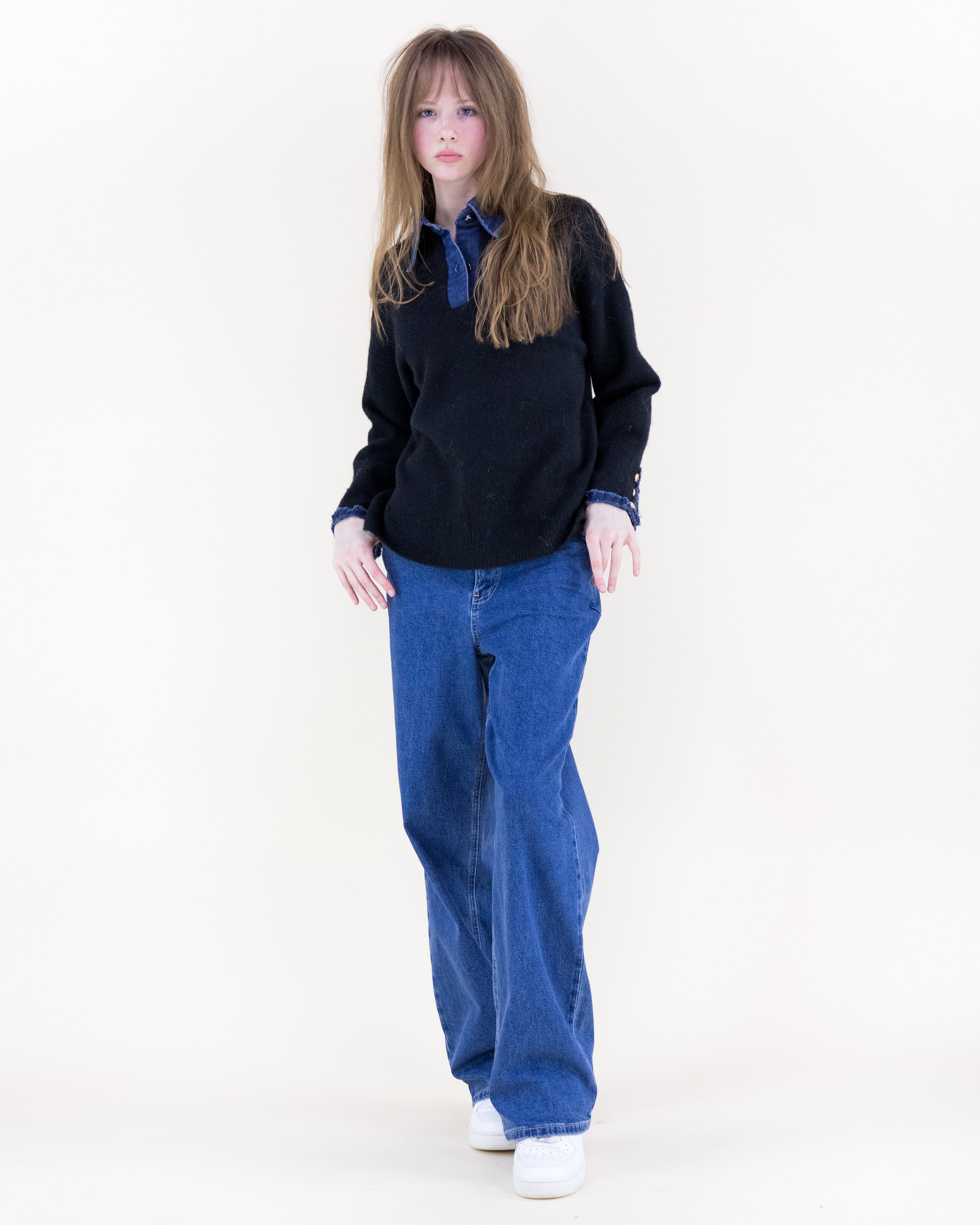 Denim Trim Comfy Boyfriend Sweater - BEIGE (S/M, L/XL) (Pack of 6)