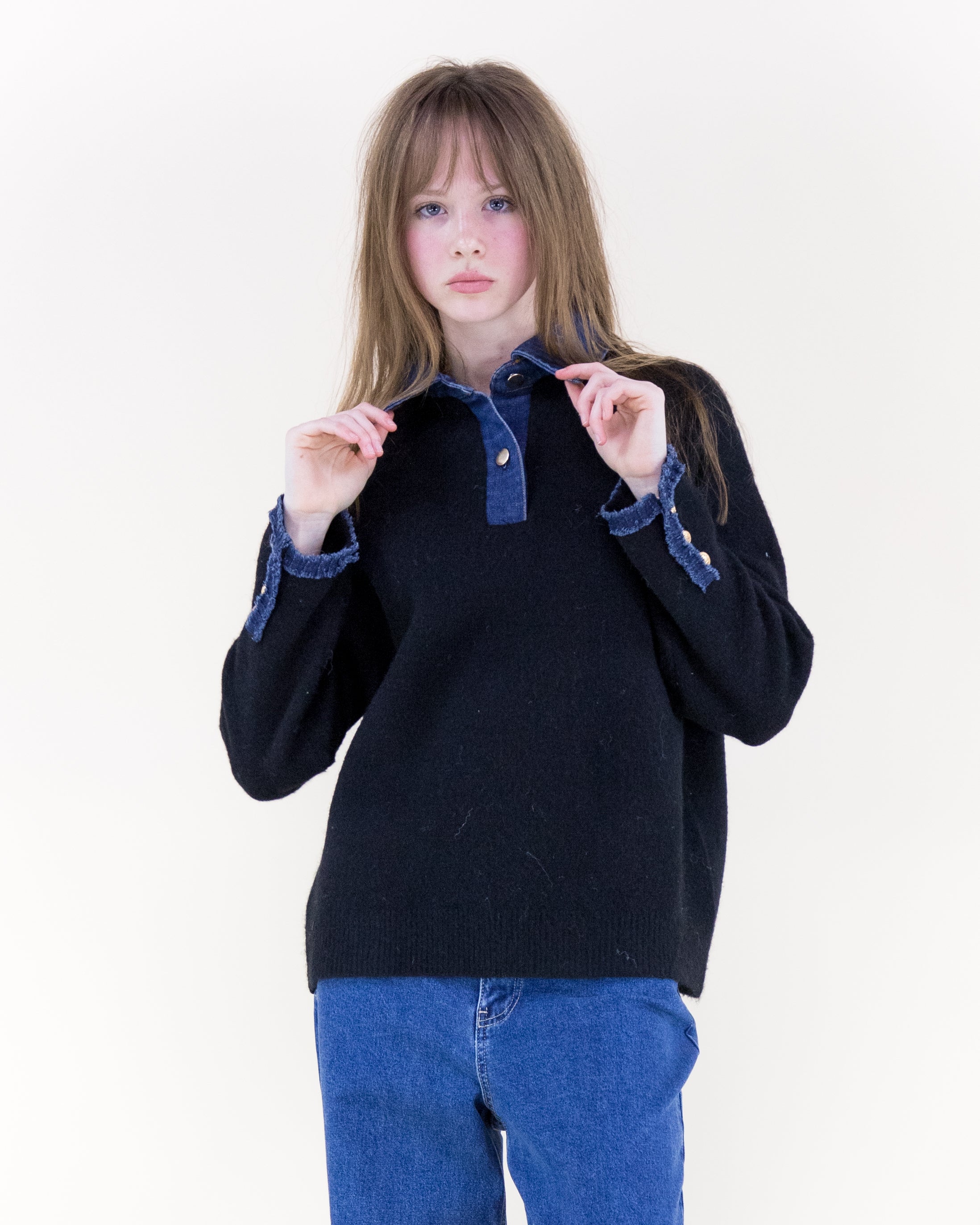 Denim Trim Comfy Boyfriend Sweater - BEIGE (S/M, L/XL) (Pack of 6)