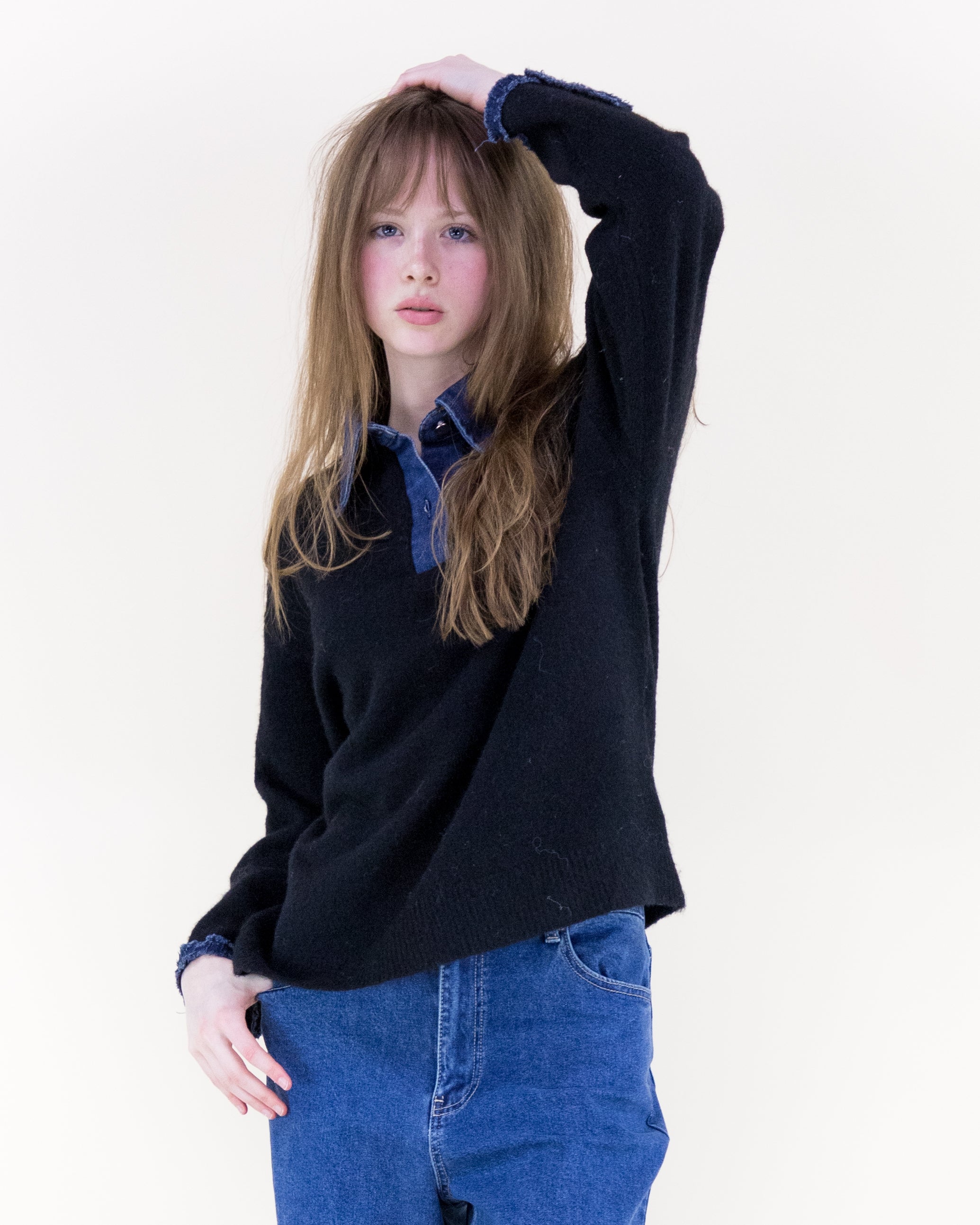 Denim Trim Comfy Boyfriend Sweater - BEIGE (S/M, L/XL) (Pack of 6)