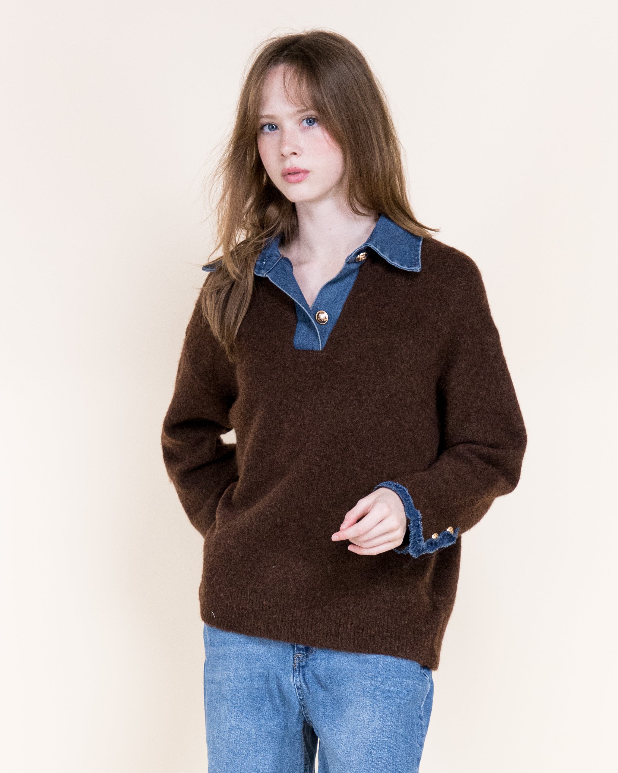 Denim Trim Comfy Boyfriend Sweater - BEIGE (S/M, L/XL) (Pack of 6)