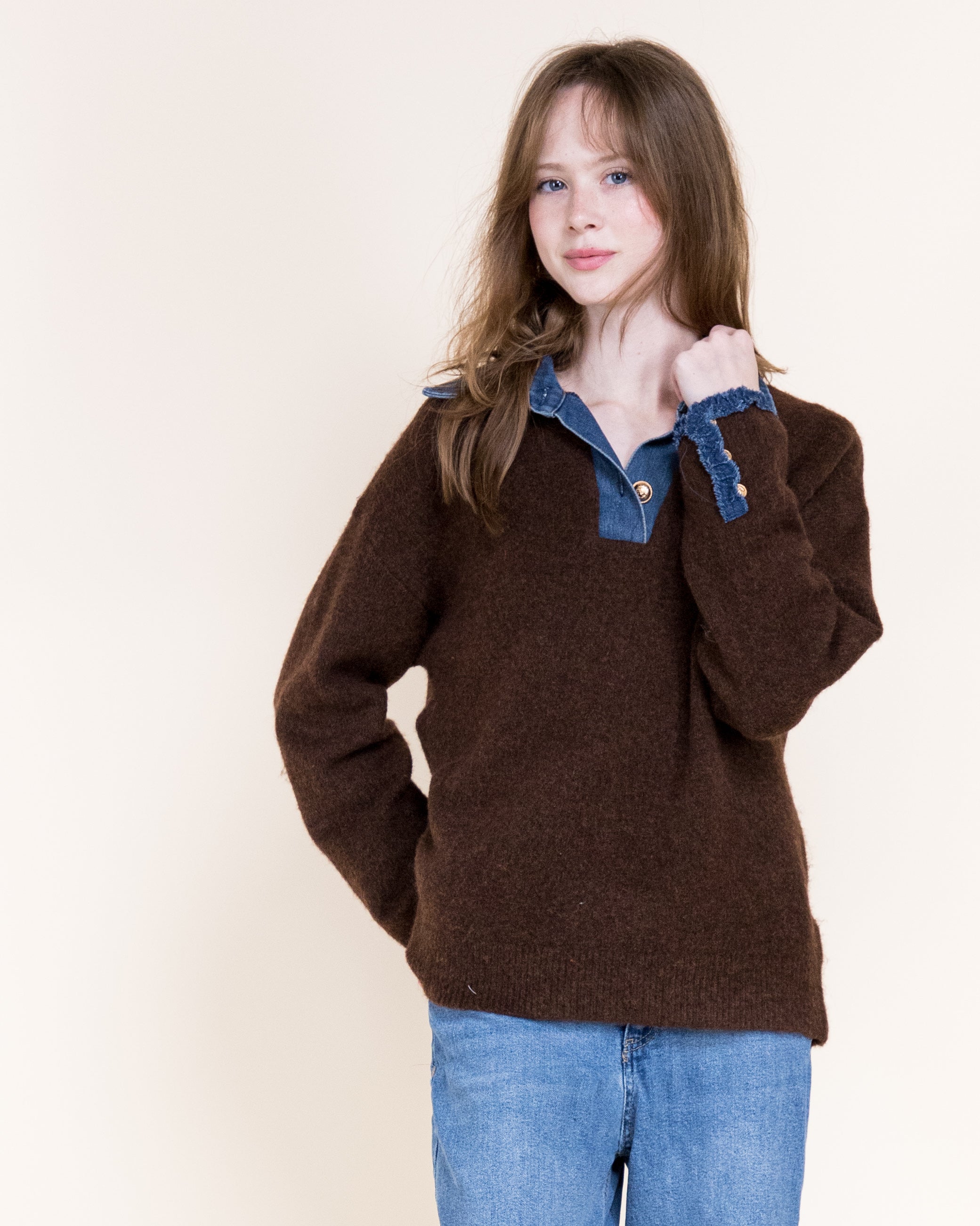 Denim Trim Comfy Boyfriend Sweater - BEIGE (S/M, L/XL) (Pack of 6)