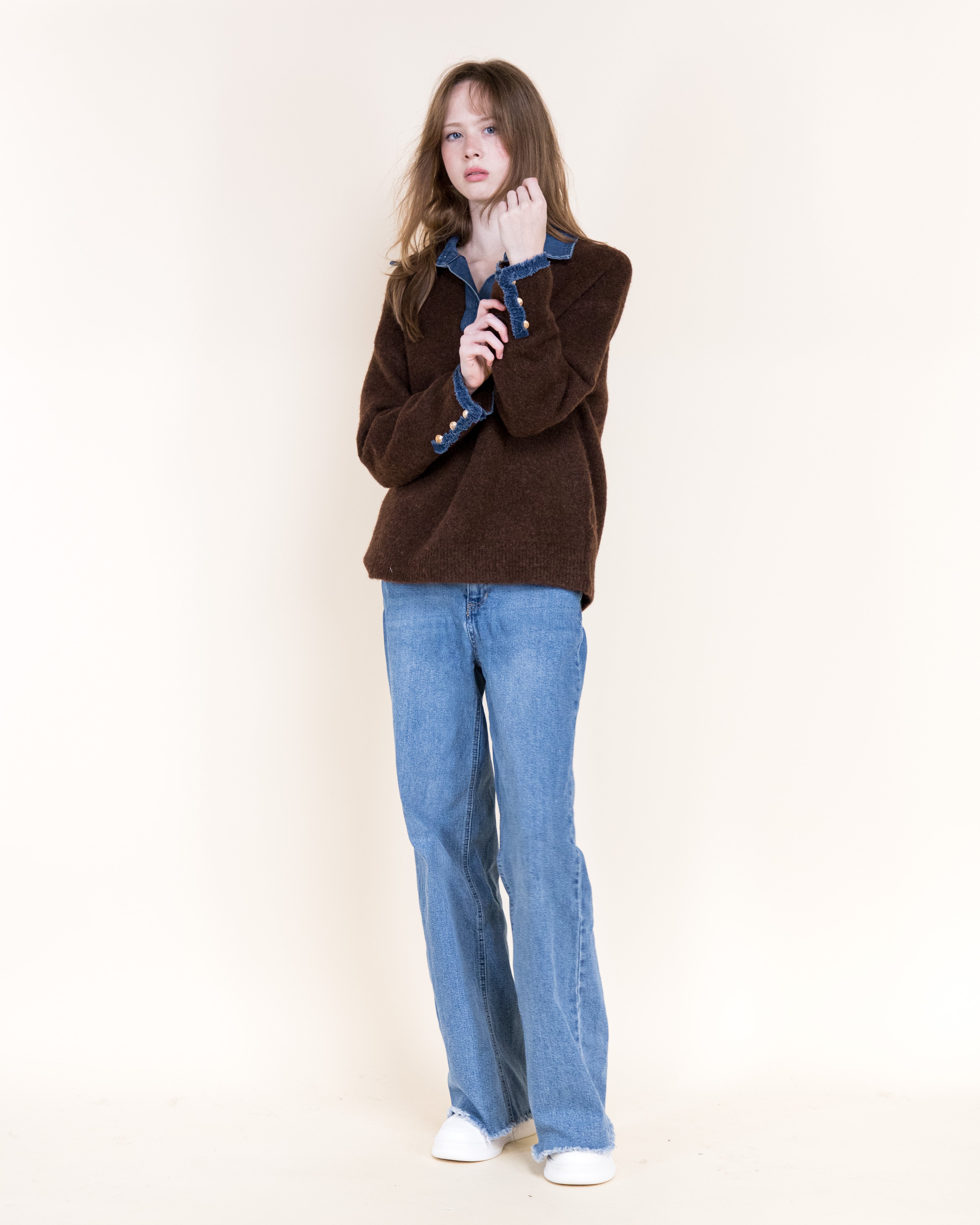 Denim Trim Comfy Boyfriend Sweater - BEIGE (S/M, L/XL) (Pack of 6)
