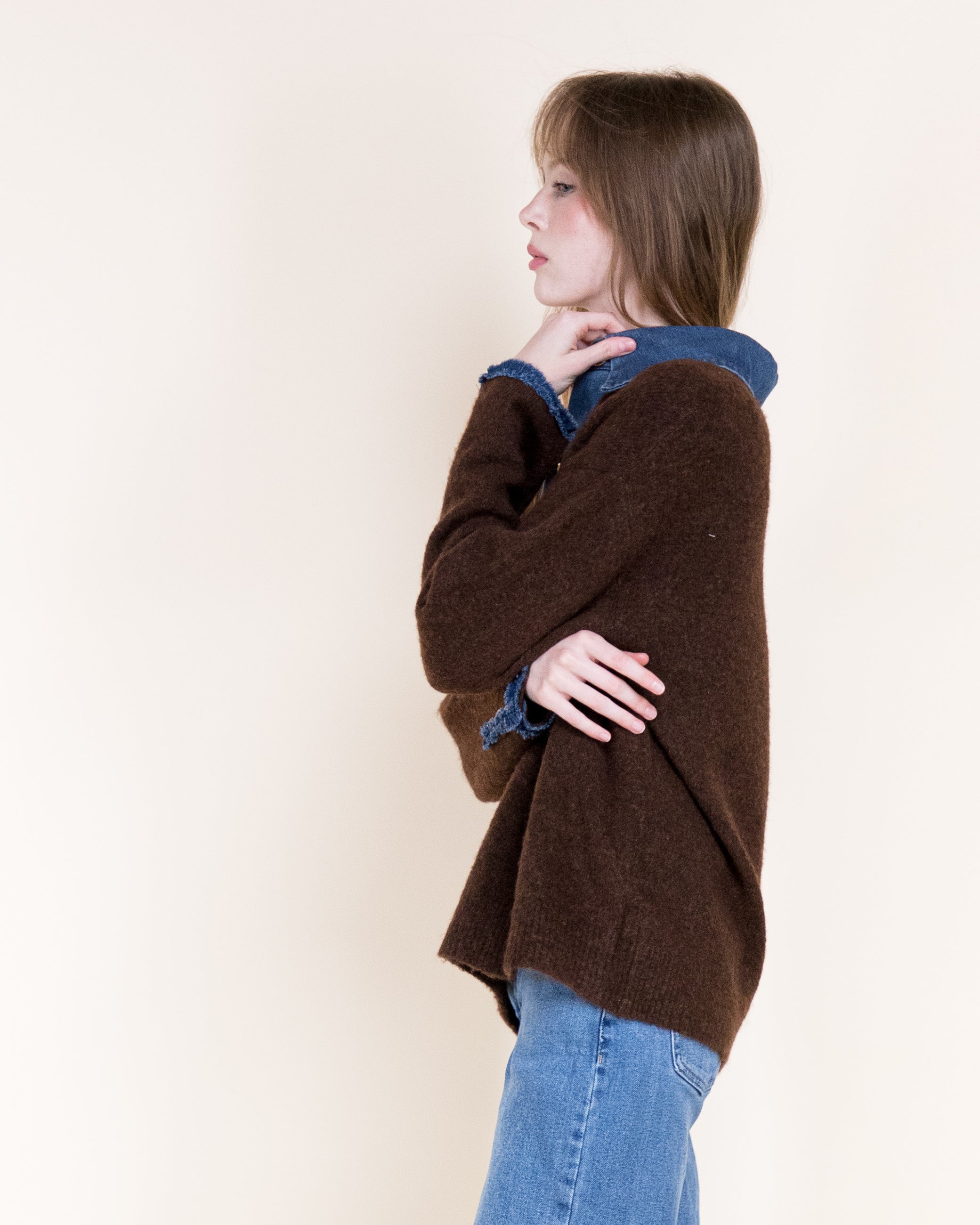 Denim Trim Comfy Boyfriend Sweater - BEIGE (S/M, L/XL) (Pack of 6)