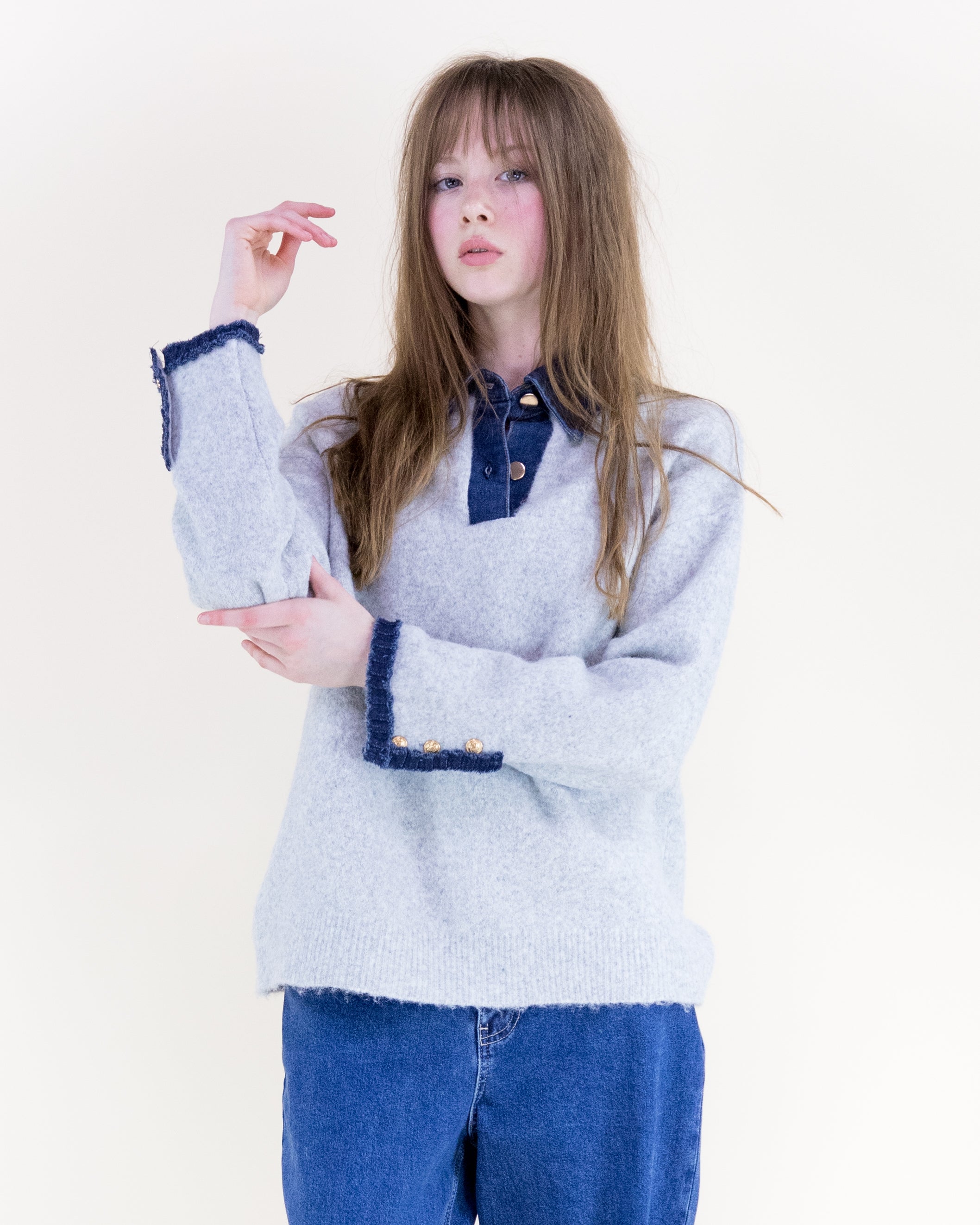 Denim Trim Comfy Boyfriend Sweater - BEIGE (S/M, L/XL) (Pack of 6)