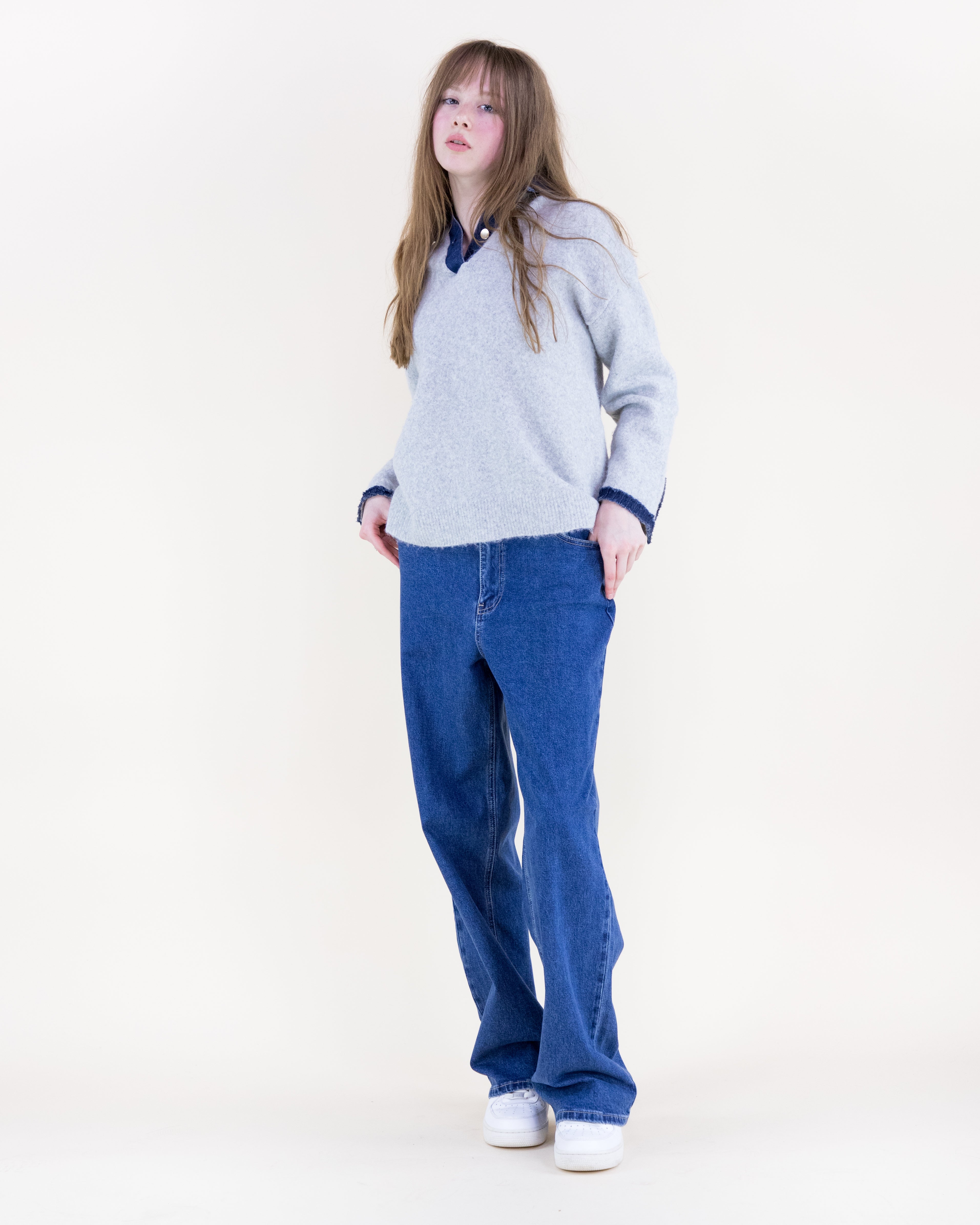 Denim Trim Comfy Boyfriend Sweater - BEIGE (S/M, L/XL) (Pack of 6)