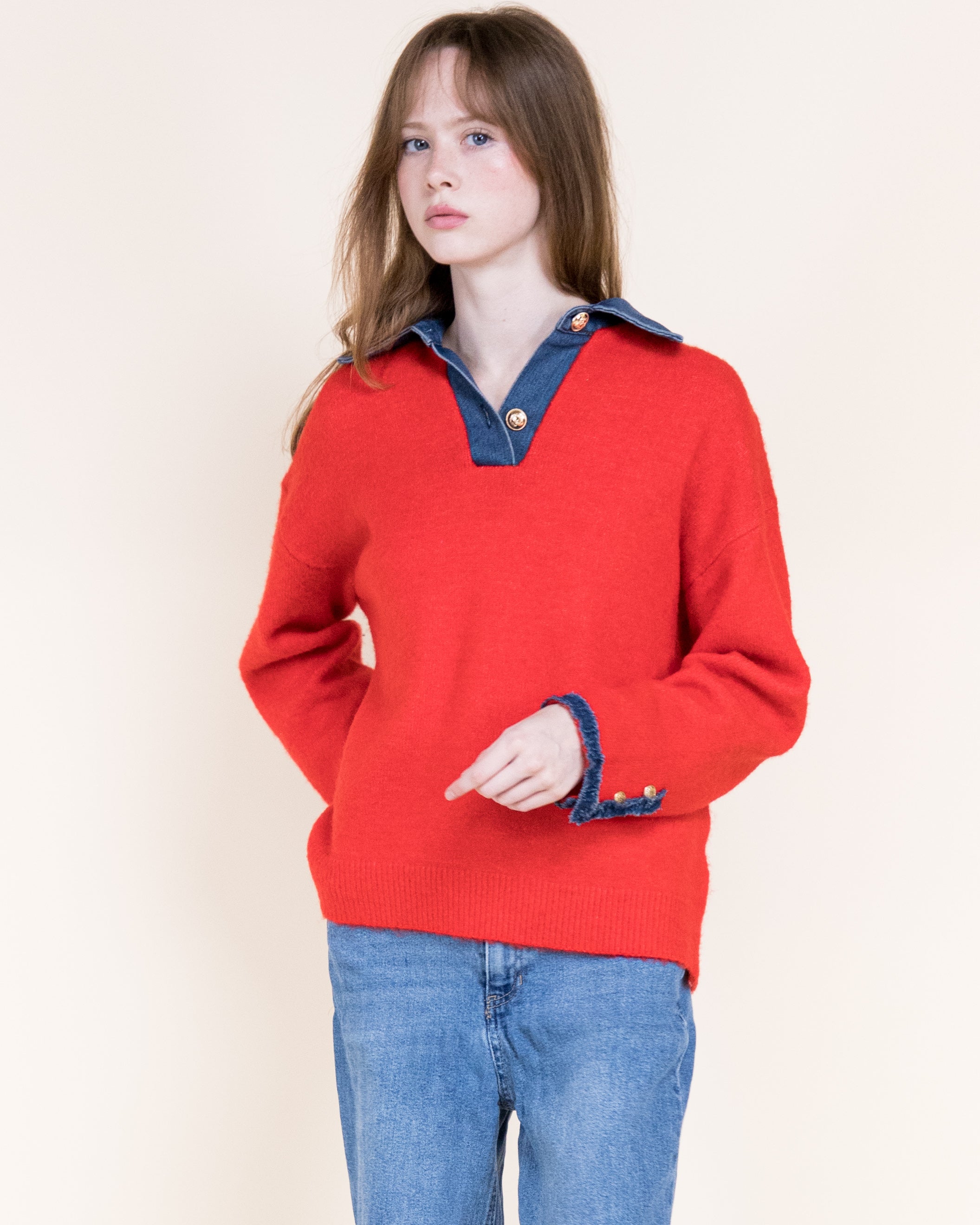 Denim Trim Comfy Boyfriend Sweater - BEIGE (S/M, L/XL) (Pack of 6)