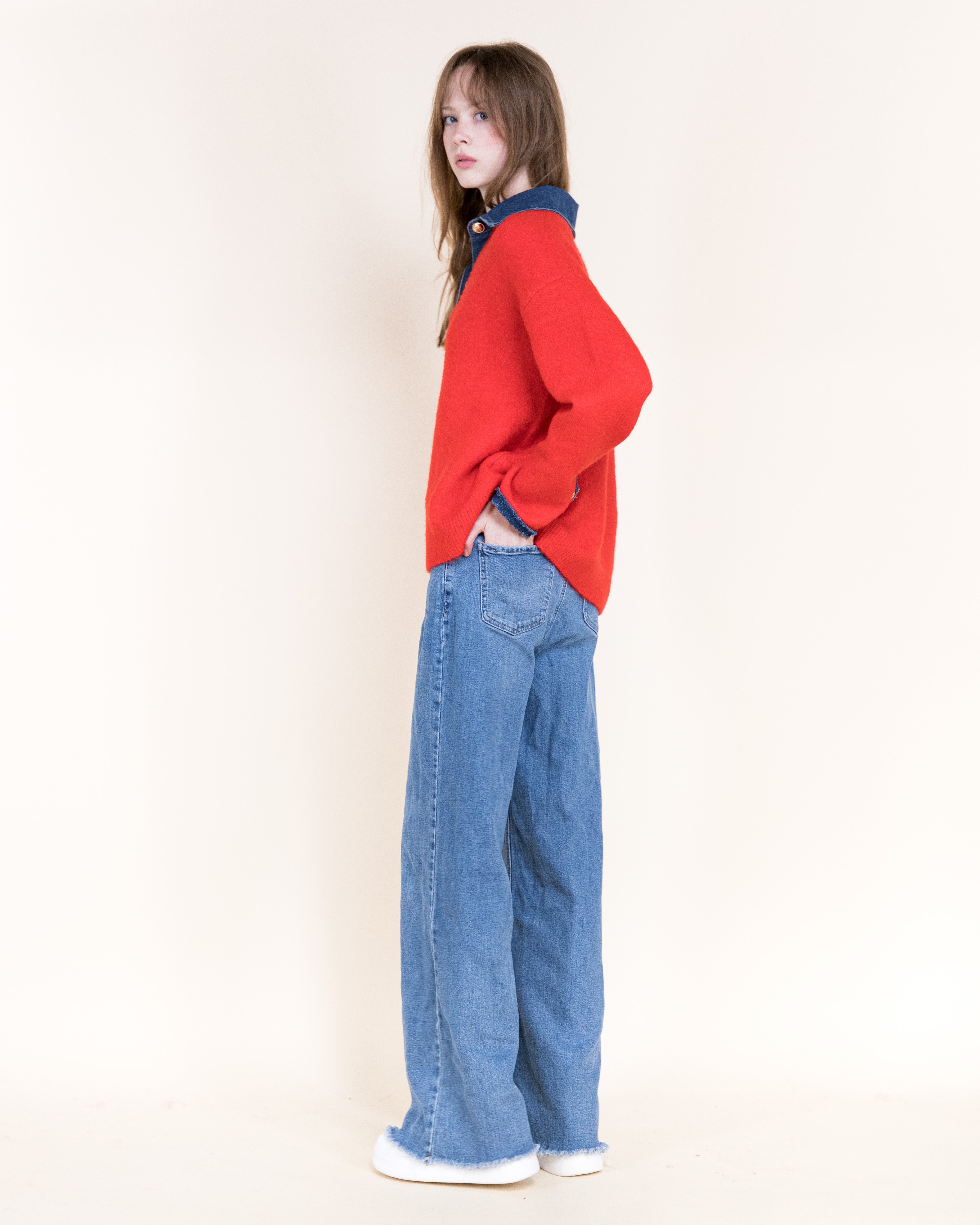 Denim Trim Comfy Boyfriend Sweater - BEIGE (S/M, L/XL) (Pack of 6)