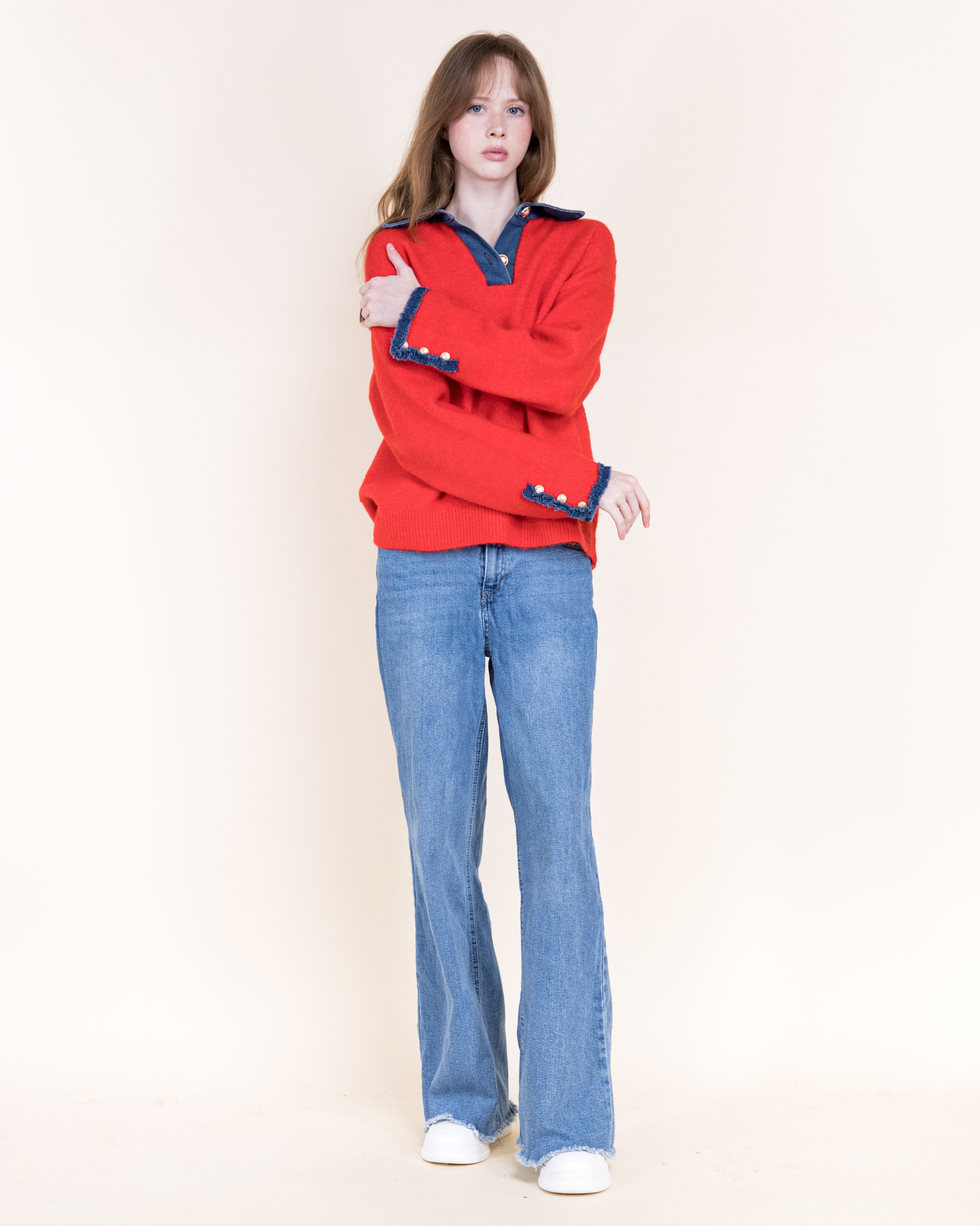 Denim Trim Comfy Boyfriend Sweater - BEIGE (S/M, L/XL) (Pack of 6)