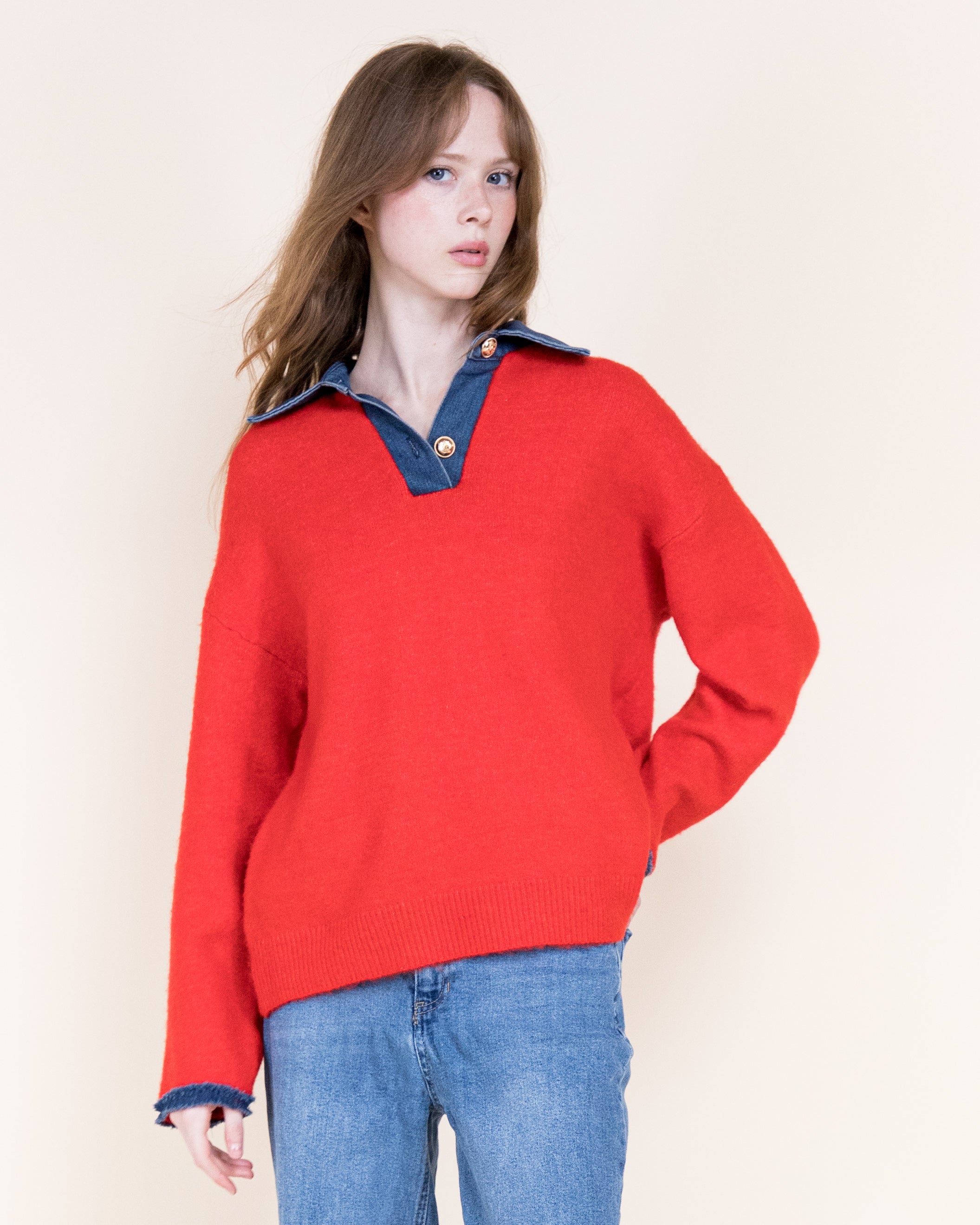Denim Trim Comfy Boyfriend Sweater - BEIGE (S/M, L/XL) (Pack of 6)