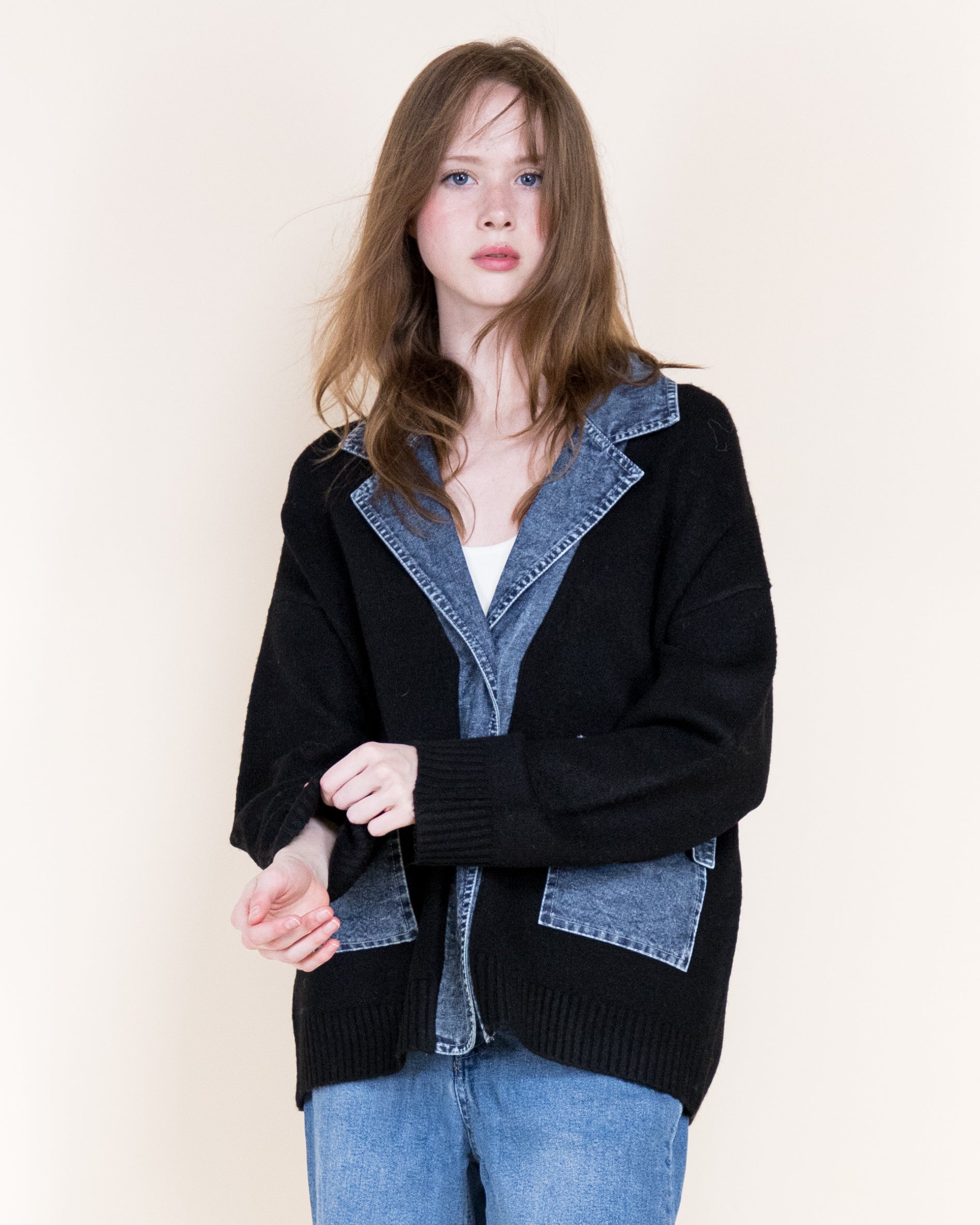 Soho Denim Trim Boyfriend Cardigan-BLACK (S/M, L/XL) (Pack of 6)