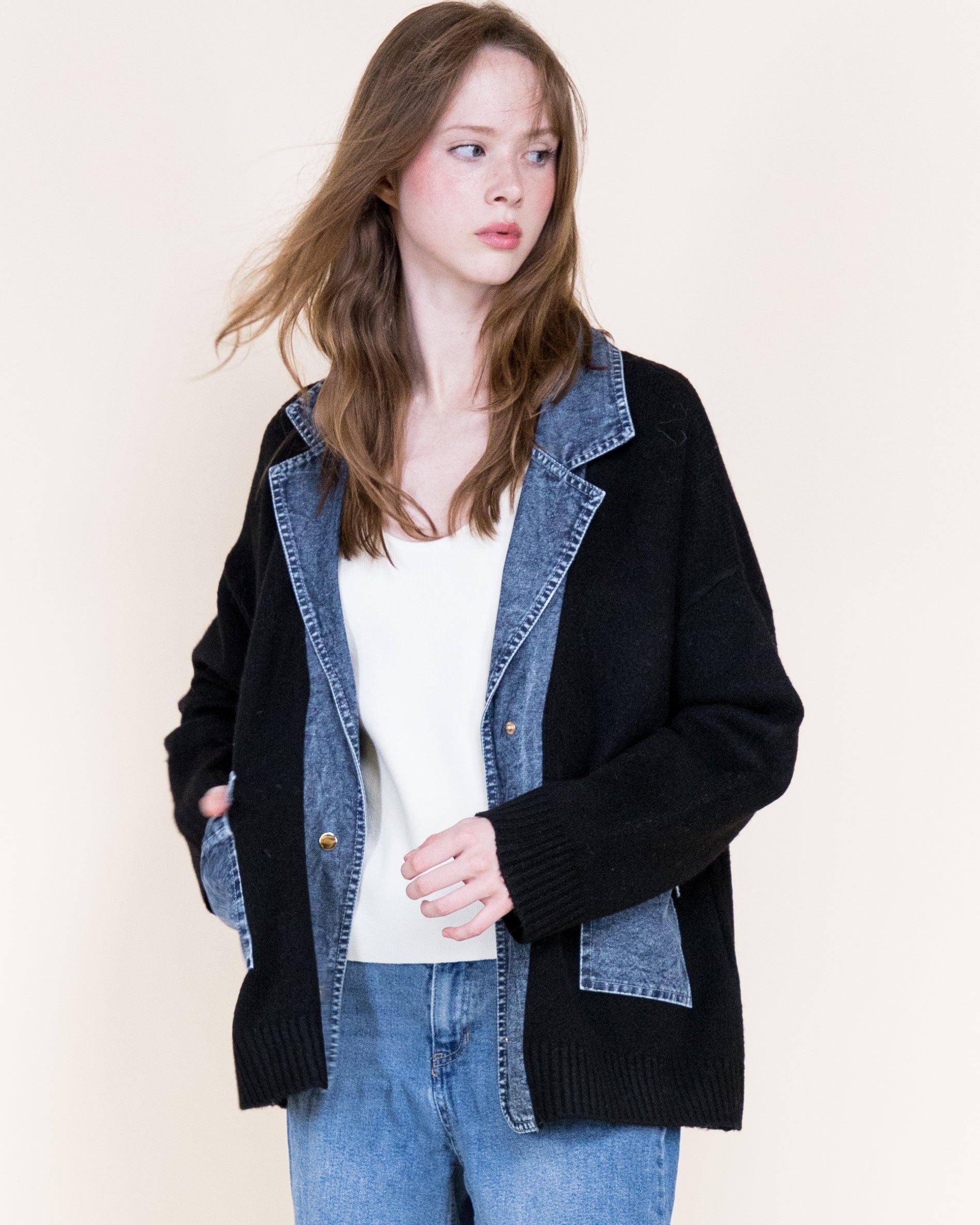 Soho Denim Trim Boyfriend Cardigan-BLACK (S/M, L/XL) (Pack of 6)