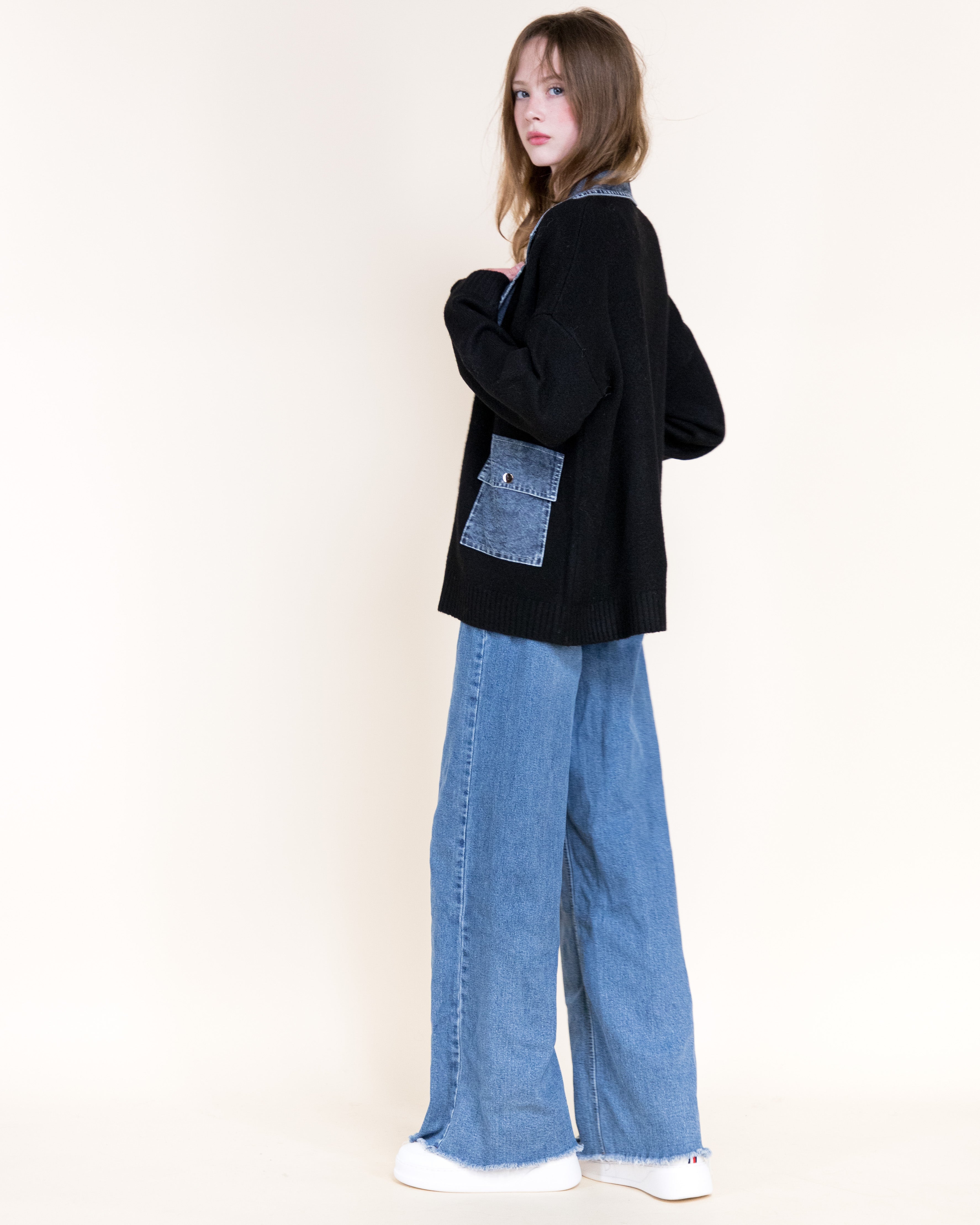Soho Denim Trim Boyfriend Cardigan-BLACK (S/M, L/XL) (Pack of 6)