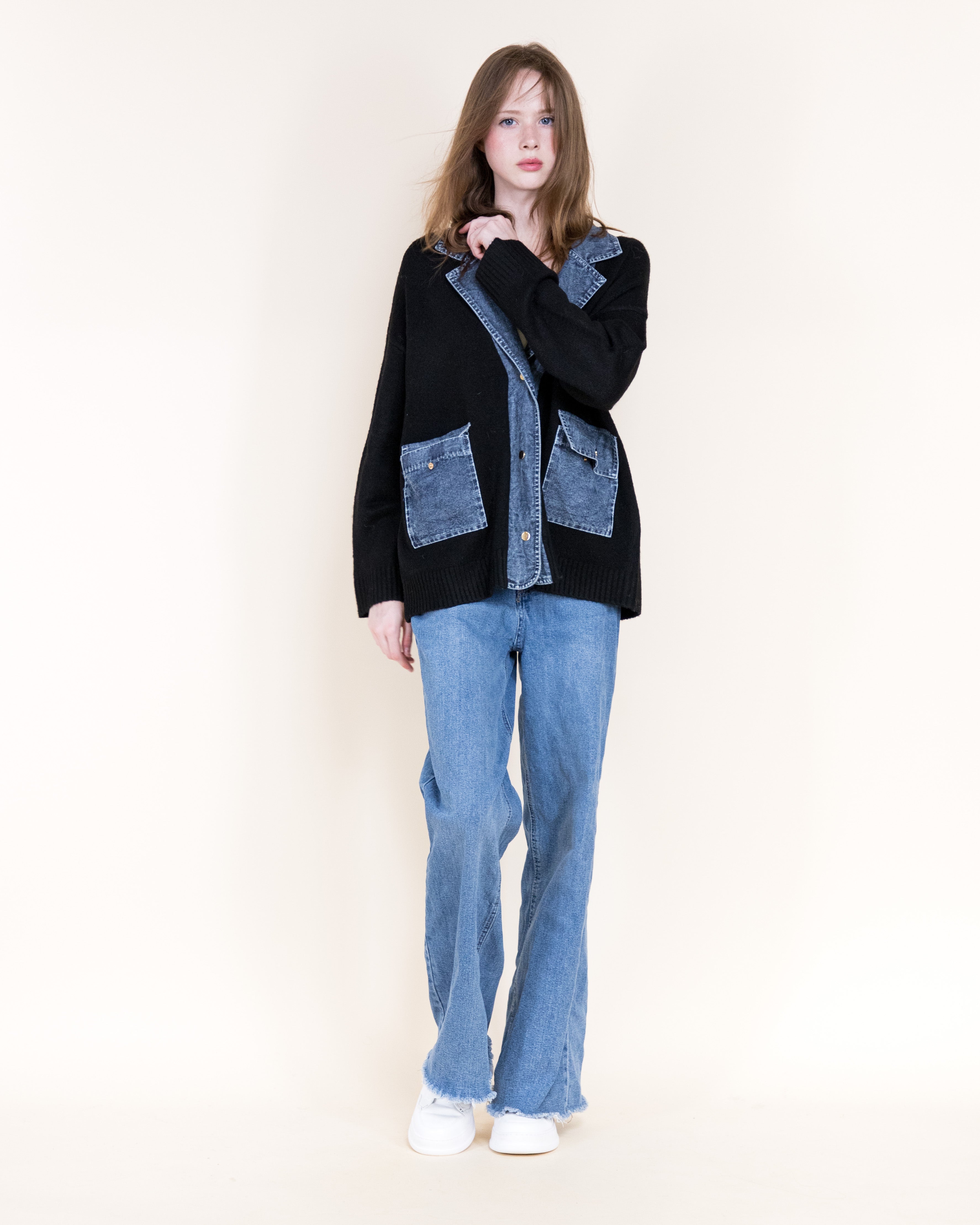 Soho Denim Trim Boyfriend Cardigan-BLACK (S/M, L/XL) (Pack of 6)